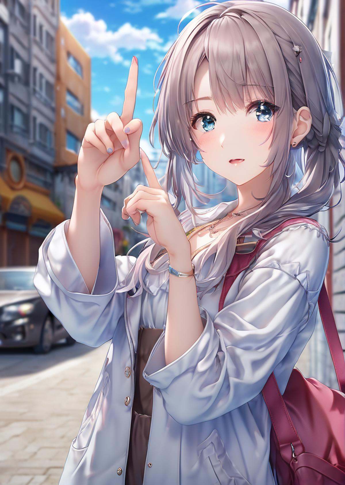 girl pointing at viewer in city on Tensor.Art