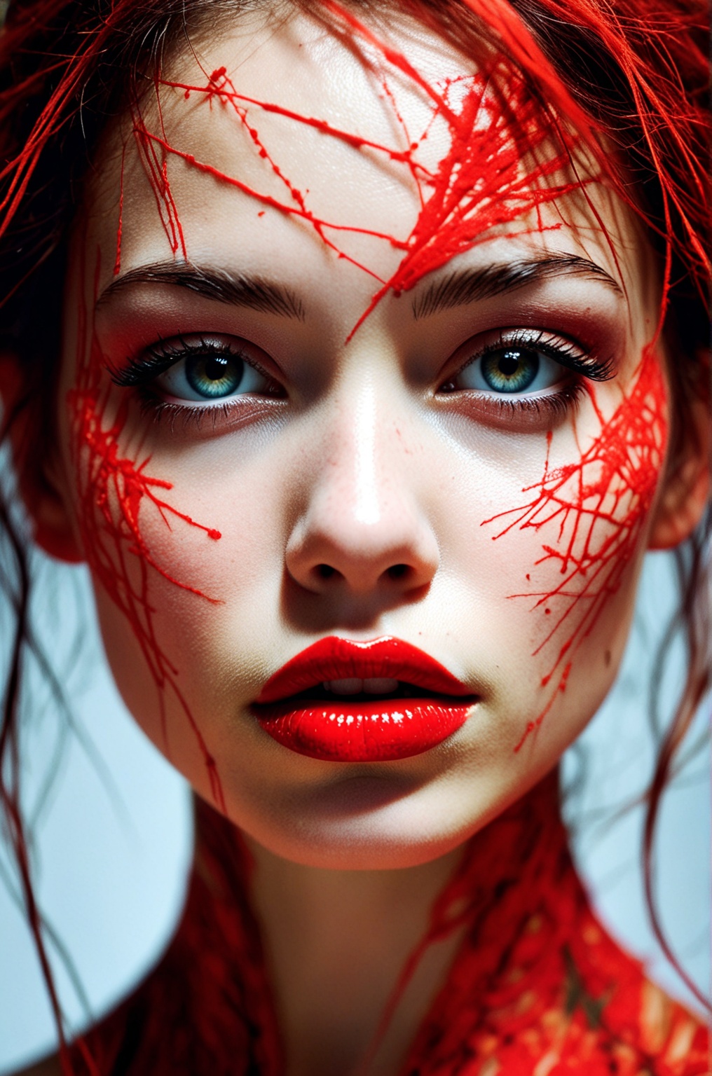 Close-up face,  mysterious silhouette of an exotic girl in worn down clothing,  red cosmetic over face goddess on Tensor.Art