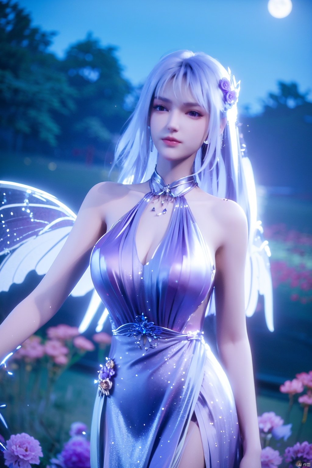 ((4k,masterpiece,best quality)), professional camera, 8k photos, wallpaper 1 girl, solo,purple hair,ethereal fairy, floating on clouds, sparkling gown with iridescent butterfly wings, holding a magic wand, surrounded by dancing fireflies, twilight sky, full moon, mystical forest in the background, glowing mushrooms, enchanted flowers, softly illuminated by bioluminescence, serene expression, delicate features with pointed ears, flowing silver hair adorned with tiny stars, gentle breeze causing her dress and hair to flow ethereally, dreamlike atmosphere, surreal color palette, high dynamic range lighting, intricate details, otherworldly aesthetic.
, hand,Xshengcaier,(big breasts:1.29),full moon,(flower:1.5),