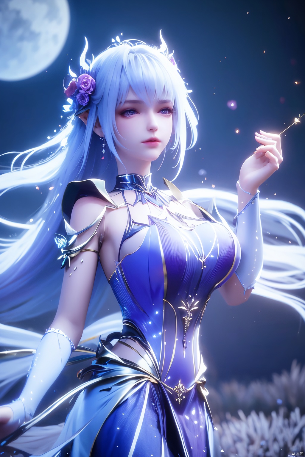  ((4k,masterpiece,best quality)), professional camera, 8k photos, wallpaper 1 girl, solo,purple hair,ethereal fairy, floating on clouds, sparkling gown with iridescent butterfly wings, holding a magic wand, surrounded by dancing fireflies, twilight sky, full moon, mystical forest in the background, glowing mushrooms, enchanted flowers, softly illuminated by bioluminescence, serene expression, delicate features with pointed ears, flowing silver hair adorned with tiny stars, gentle breeze causing her dress and hair to flow ethereally, dreamlike atmosphere, surreal color palette, high dynamic range lighting, intricate details, otherworldly aesthetic.
, hand,Xshengcaier,(big breasts:1.29),full moon,(flower:1.5),