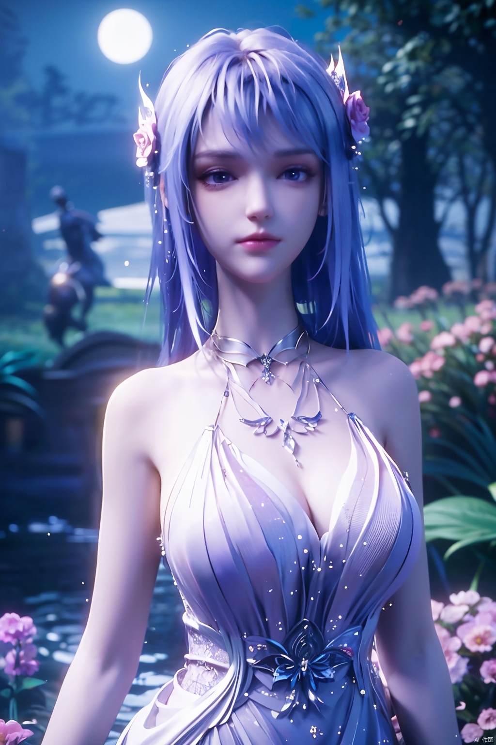  ((4k,masterpiece,best quality)), professional camera, 8k photos, wallpaper 1 girl, solo,purple hair,ethereal fairy, floating on clouds, sparkling gown with iridescent butterfly wings, holding a magic wand, surrounded by dancing fireflies, twilight sky, full moon, mystical forest in the background, glowing mushrooms, enchanted flowers, softly illuminated by bioluminescence, serene expression, delicate features with pointed ears, flowing silver hair adorned with tiny stars, gentle breeze causing her dress and hair to flow ethereally, dreamlike atmosphere, surreal color palette, high dynamic range lighting, intricate details, otherworldly aesthetic.
, hand,Xshengcaier,(big breasts:1.29),full moon,(flower:1.5),