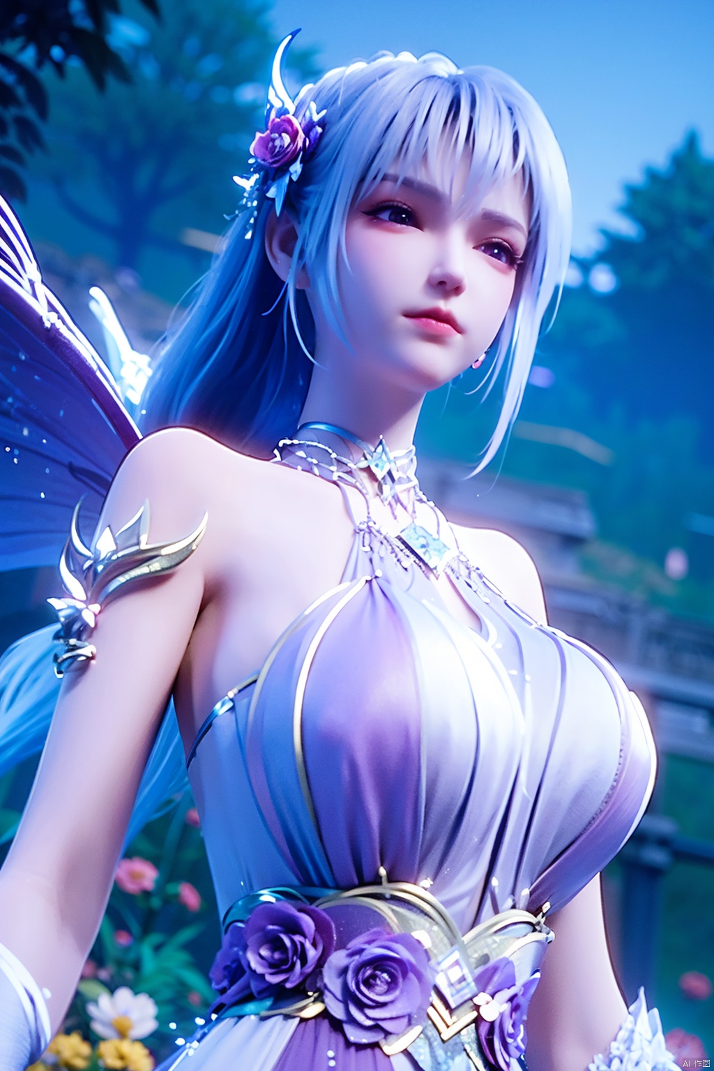  ((4k,masterpiece,best quality)), professional camera, 8k photos, wallpaper 1 girl, solo,purple hair,ethereal fairy, floating on clouds, sparkling gown with iridescent butterfly wings, holding a magic wand, surrounded by dancing fireflies, twilight sky, full moon, mystical forest in the background, glowing mushrooms, enchanted flowers, softly illuminated by bioluminescence, serene expression, delicate features with pointed ears, flowing silver hair adorned with tiny stars, gentle breeze causing her dress and hair to flow ethereally, dreamlike atmosphere, surreal color palette, high dynamic range lighting, intricate details, otherworldly aesthetic.
, hand,Xshengcaier,(big breasts:1.29),full moon,(flower:1.5),