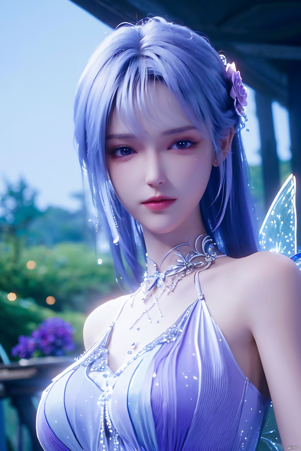  ((4k,masterpiece,best quality)), professional camera, 8k photos, wallpaper 1 girl, solo,purple hair,ethereal fairy, floating on clouds, sparkling gown with iridescent butterfly wings, holding a magic wand, surrounded by dancing fireflies, twilight sky, full moon, mystical forest in the background, glowing mushrooms, enchanted flowers, softly illuminated by bioluminescence, serene expression, delicate features with pointed ears, flowing silver hair adorned with tiny stars, gentle breeze causing her dress and hair to flow ethereally, dreamlike atmosphere, surreal color palette, high dynamic range lighting, intricate details, otherworldly aesthetic.
, hand,Xshengcaier,(big breasts:1.29),full moon,(flower:1.5),