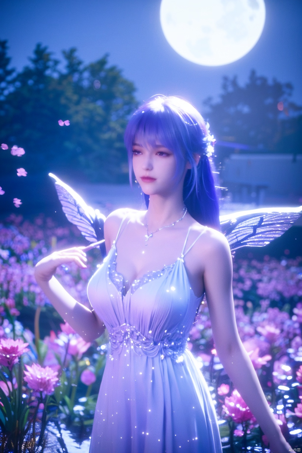  ((4k,masterpiece,best quality)), professional camera, 8k photos, wallpaper 1 girl, solo,purple hair,ethereal fairy, floating on clouds, sparkling gown with iridescent butterfly wings, holding a magic wand, surrounded by dancing fireflies, twilight sky, full moon, mystical forest in the background, glowing mushrooms, enchanted flowers, softly illuminated by bioluminescence, serene expression, delicate features with pointed ears, flowing silver hair adorned with tiny stars, gentle breeze causing her dress and hair to flow ethereally, dreamlike atmosphere, surreal color palette, high dynamic range lighting, intricate details, otherworldly aesthetic.
, hand,Xshengcaier,(big breasts:1.29),full moon,(flower:1.5),