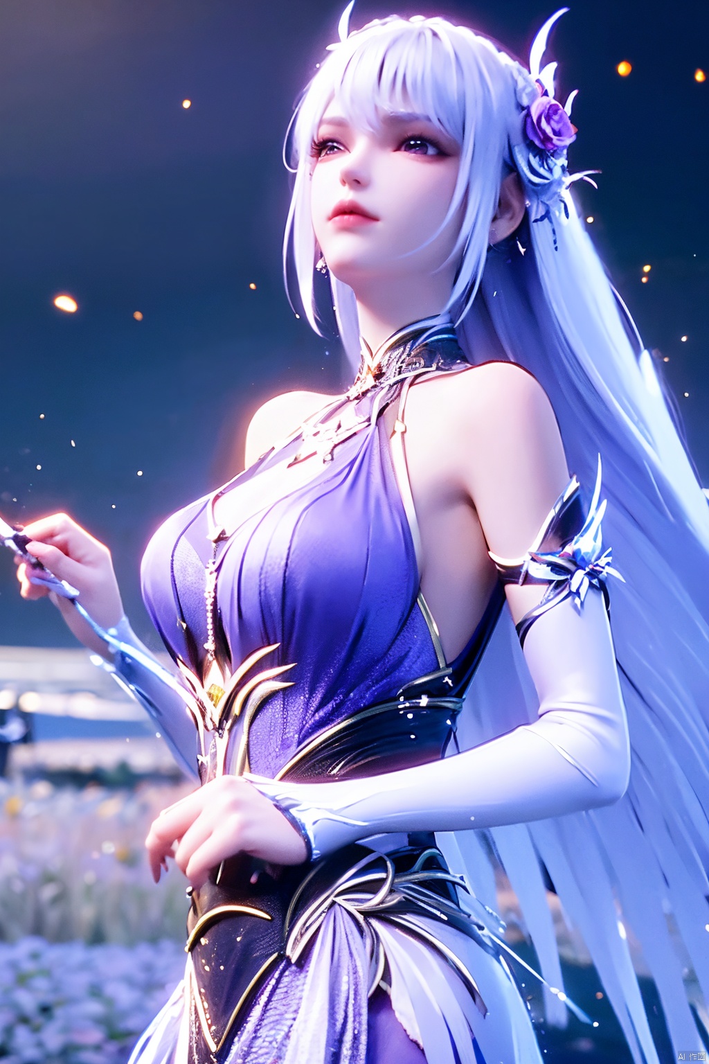  ((4k,masterpiece,best quality)), professional camera, 8k photos, wallpaper 1 girl, solo,purple hair,ethereal fairy, floating on clouds, sparkling gown with iridescent butterfly wings, holding a magic wand, surrounded by dancing fireflies, twilight sky, full moon, mystical forest in the background, glowing mushrooms, enchanted flowers, softly illuminated by bioluminescence, serene expression, delicate features with pointed ears, flowing silver hair adorned with tiny stars, gentle breeze causing her dress and hair to flow ethereally, dreamlike atmosphere, surreal color palette, high dynamic range lighting, intricate details, otherworldly aesthetic.
, hand,Xshengcaier,(big breasts:1.29),full moon,(flower:1.5),