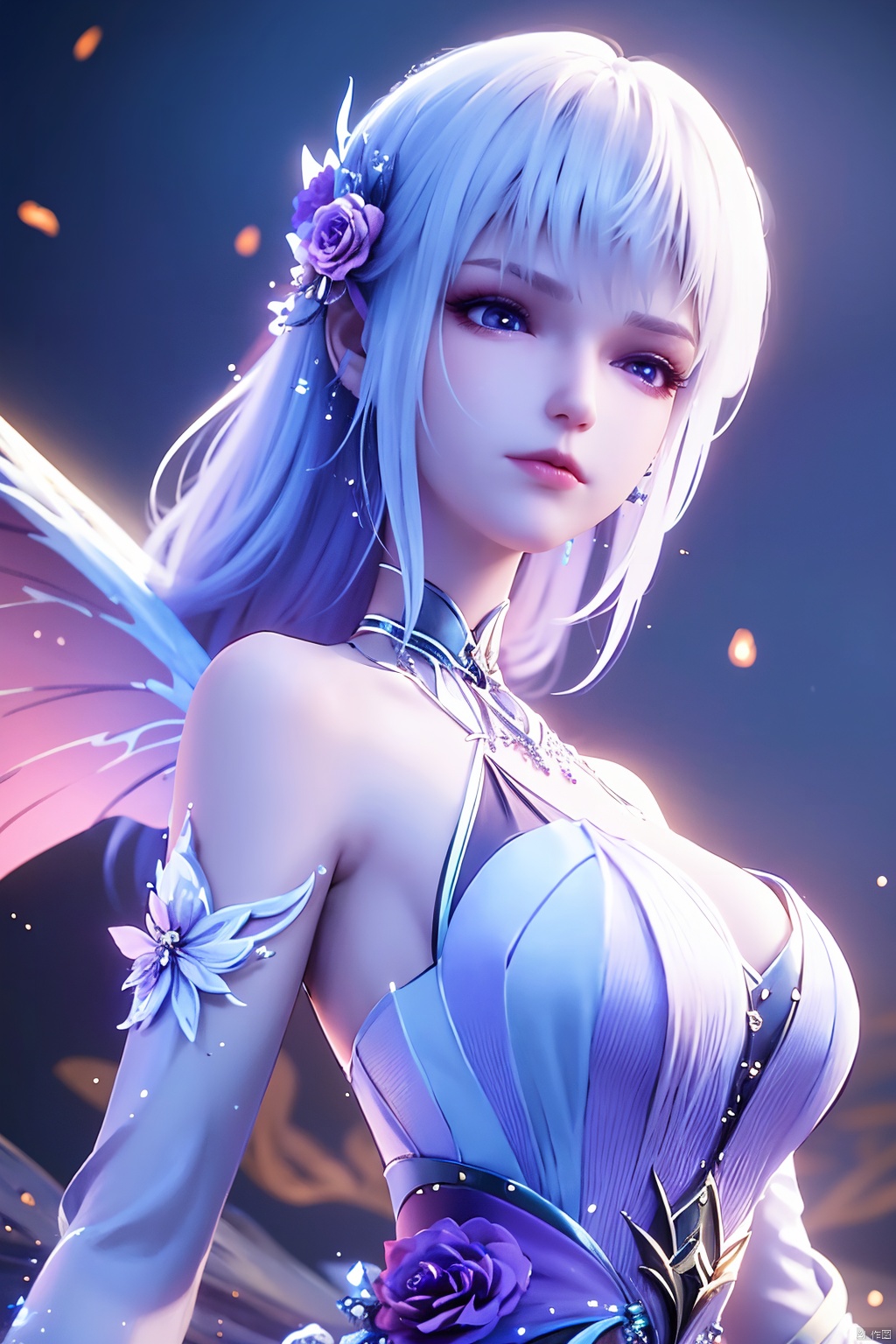  ((4k,masterpiece,best quality)), professional camera, 8k photos, wallpaper 1 girl, solo,purple hair,ethereal fairy, floating on clouds, sparkling gown with iridescent butterfly wings, holding a magic wand, surrounded by dancing fireflies, twilight sky, full moon, mystical forest in the background, glowing mushrooms, enchanted flowers, softly illuminated by bioluminescence, serene expression, delicate features with pointed ears, flowing silver hair adorned with tiny stars, gentle breeze causing her dress and hair to flow ethereally, dreamlike atmosphere, surreal color palette, high dynamic range lighting, intricate details, otherworldly aesthetic.
, hand,Xshengcaier,(big breasts:1.29),full moon,(flower:1.5),