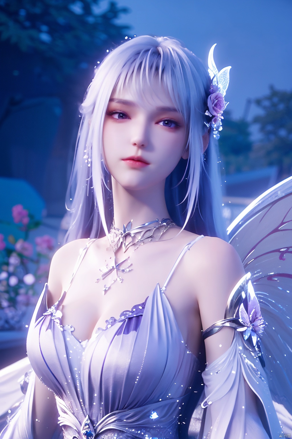  ((4k,masterpiece,best quality)), professional camera, 8k photos, wallpaper 1 girl, solo,purple hair,ethereal fairy, floating on clouds, sparkling gown with iridescent butterfly wings, holding a magic wand, surrounded by dancing fireflies, twilight sky, full moon, mystical forest in the background, glowing mushrooms, enchanted flowers, softly illuminated by bioluminescence, serene expression, delicate features with pointed ears, flowing silver hair adorned with tiny stars, gentle breeze causing her dress and hair to flow ethereally, dreamlike atmosphere, surreal color palette, high dynamic range lighting, intricate details, otherworldly aesthetic.
, hand,Xshengcaier,(big breasts:1.29),full moon,(flower:1.5),