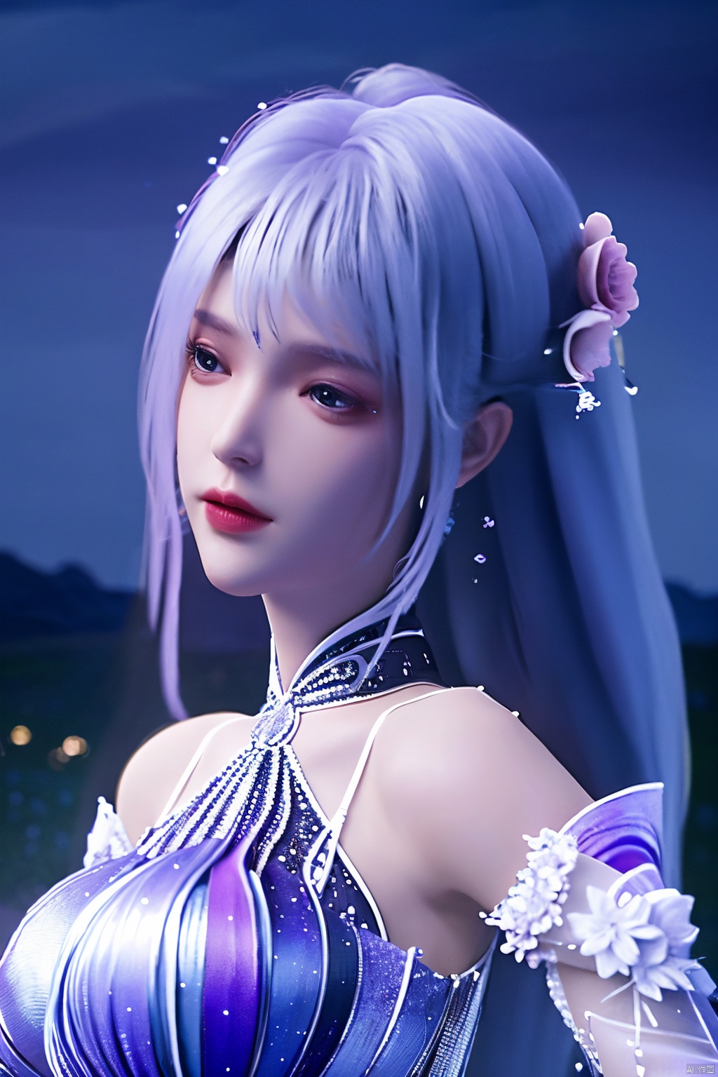  ((4k,masterpiece,best quality)), professional camera, 8k photos, wallpaper 1 girl, solo,purple hair,ethereal fairy, floating on clouds, sparkling gown with iridescent butterfly wings, holding a magic wand, surrounded by dancing fireflies, twilight sky, full moon, mystical forest in the background, glowing mushrooms, enchanted flowers, softly illuminated by bioluminescence, serene expression, delicate features with pointed ears, flowing silver hair adorned with tiny stars, gentle breeze causing her dress and hair to flow ethereally, dreamlike atmosphere, surreal color palette, high dynamic range lighting, intricate details, otherworldly aesthetic.
, hand,Xshengcaier,(big breasts:1.29),full moon,(flower:1.5),