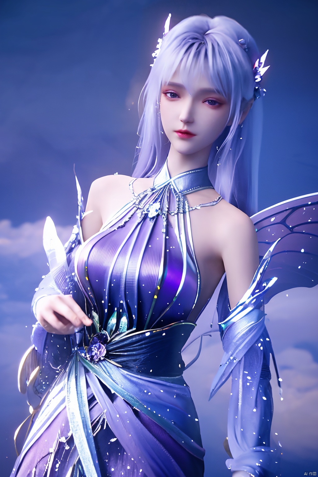  ((4k,masterpiece,best quality)), professional camera, 8k photos, wallpaper 1 girl, solo,purple hair,ethereal fairy, floating on clouds, sparkling gown with iridescent butterfly wings, holding a magic wand, surrounded by dancing fireflies, twilight sky, full moon, mystical forest in the background, glowing mushrooms, enchanted flowers, softly illuminated by bioluminescence, serene expression, delicate features with pointed ears, flowing silver hair adorned with tiny stars, gentle breeze causing her dress and hair to flow ethereally, dreamlike atmosphere, surreal color palette, high dynamic range lighting, intricate details, otherworldly aesthetic.
, hand,Xshengcaier,(big breasts:1.29),full moon,(flower:1.5),