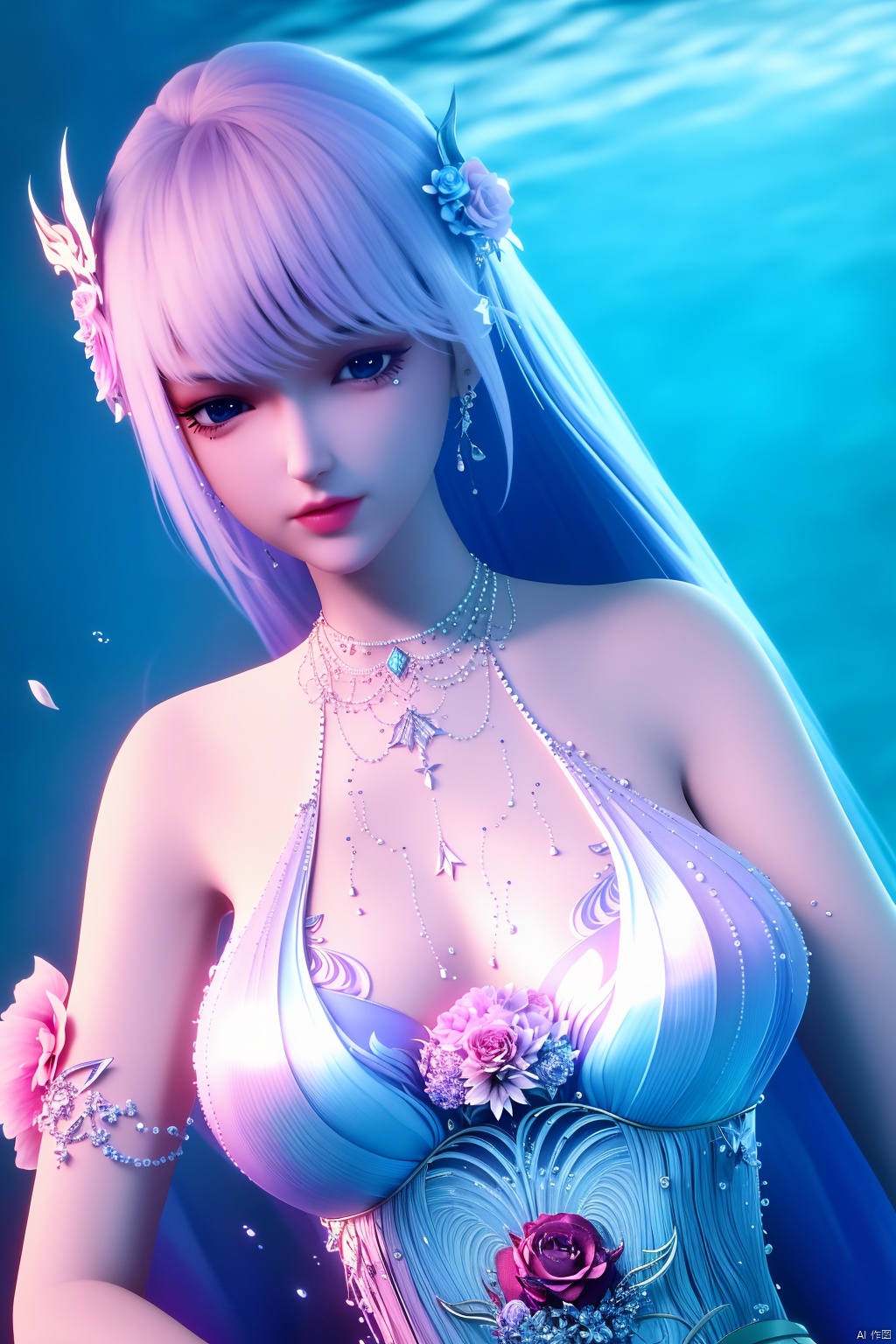 (,1girl, ,best quality, ),looking at viewer,masterpiece, ((((, solo,  , ,solo focus, ,underwater, )))) ,ultra realistic 8k cg,   clean, masterpiece,     cinematic lighting, cinematic bloom, unreal, science fiction, luxury, jewelry, diamond, gold, pearl, gem, sapphire, ruby, emerald, intricate detail, delicate pattern, charming, alluring, seductive, erotic, enchanting, hair ornament, necklace, earrings, bracelet, armlet,,Xshengcaier,(big breasts:1.29),full moon,(flower:1.5),