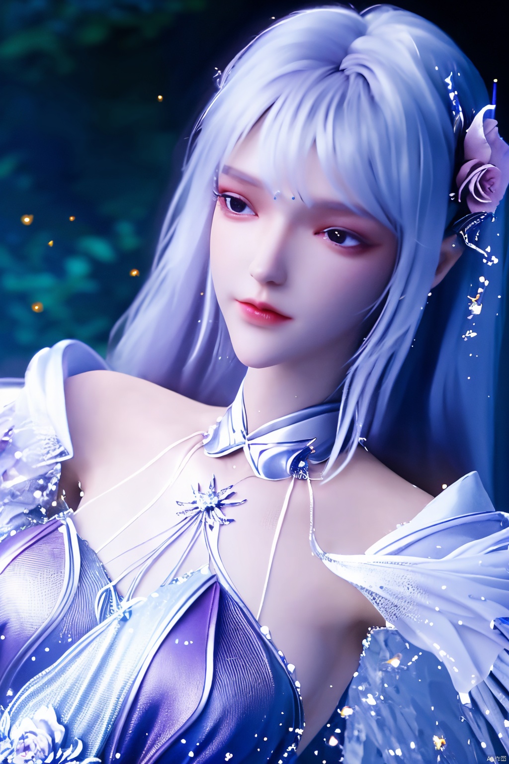  ((4k,masterpiece,best quality)), professional camera, 8k photos, wallpaper 1 girl, solo,purple hair,ethereal fairy, floating on clouds, sparkling gown with iridescent butterfly wings, holding a magic wand, surrounded by dancing fireflies, twilight sky, full moon, mystical forest in the background, glowing mushrooms, enchanted flowers, softly illuminated by bioluminescence, serene expression, delicate features with pointed ears, flowing silver hair adorned with tiny stars, gentle breeze causing her dress and hair to flow ethereally, dreamlike atmosphere, surreal color palette, high dynamic range lighting, intricate details, otherworldly aesthetic.
, hand,Xshengcaier,(big breasts:1.29),full moon,(flower:1.5),