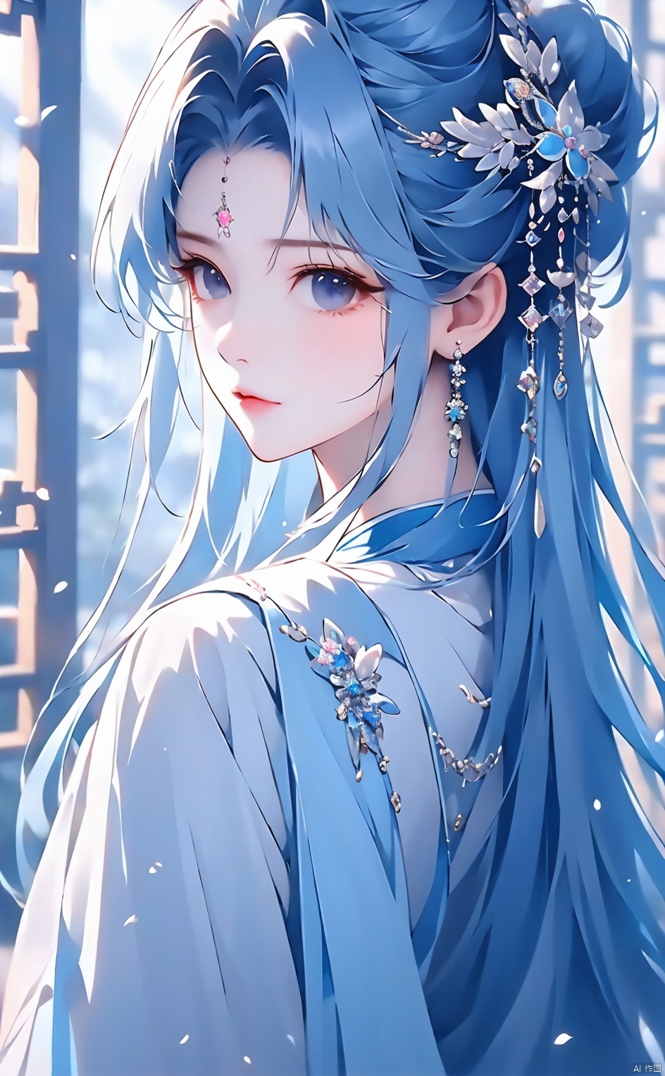masterpiece,8k,best quality,1girl,solo,kawaii,hanfu,,ancient customs,long hair,indoors,parted bangs,light blue hair,(depth of field),close-up,,gem,pout,updo,chinese clothes