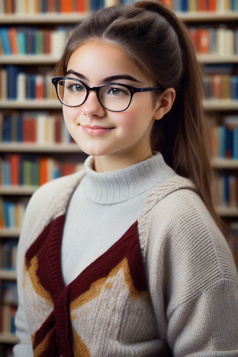 al3x girl,  16 years old with a nerdy appearance,  wearing glasses and holding a stack of books on Tensor.Art