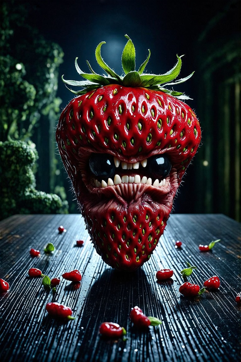 A high-quality hyperrealistic photograph of a Horrifying cinematic shot : (((monstrous mutant strawberry))) creature looms on ebony table . (((big sharpen teeth))), (((big black eyes))), Harsh chiaroscuro lighting accentuates its grotesque form . Dynamic angle captures writhing tendrils and pulsating flesh . Ultra-high resolution reveals every unsettling detail : glistening seeds , throbbing veins , and oozing juices . Color palette contrasts deep blacks with blood reds and sickly greens . Composition mimics vintage horror poster, with creature dominating frame. Eerie backlighting casts elongated shadows , amplifying the nightmarish atmosphere. ,More Detail, hyperrealistic,
