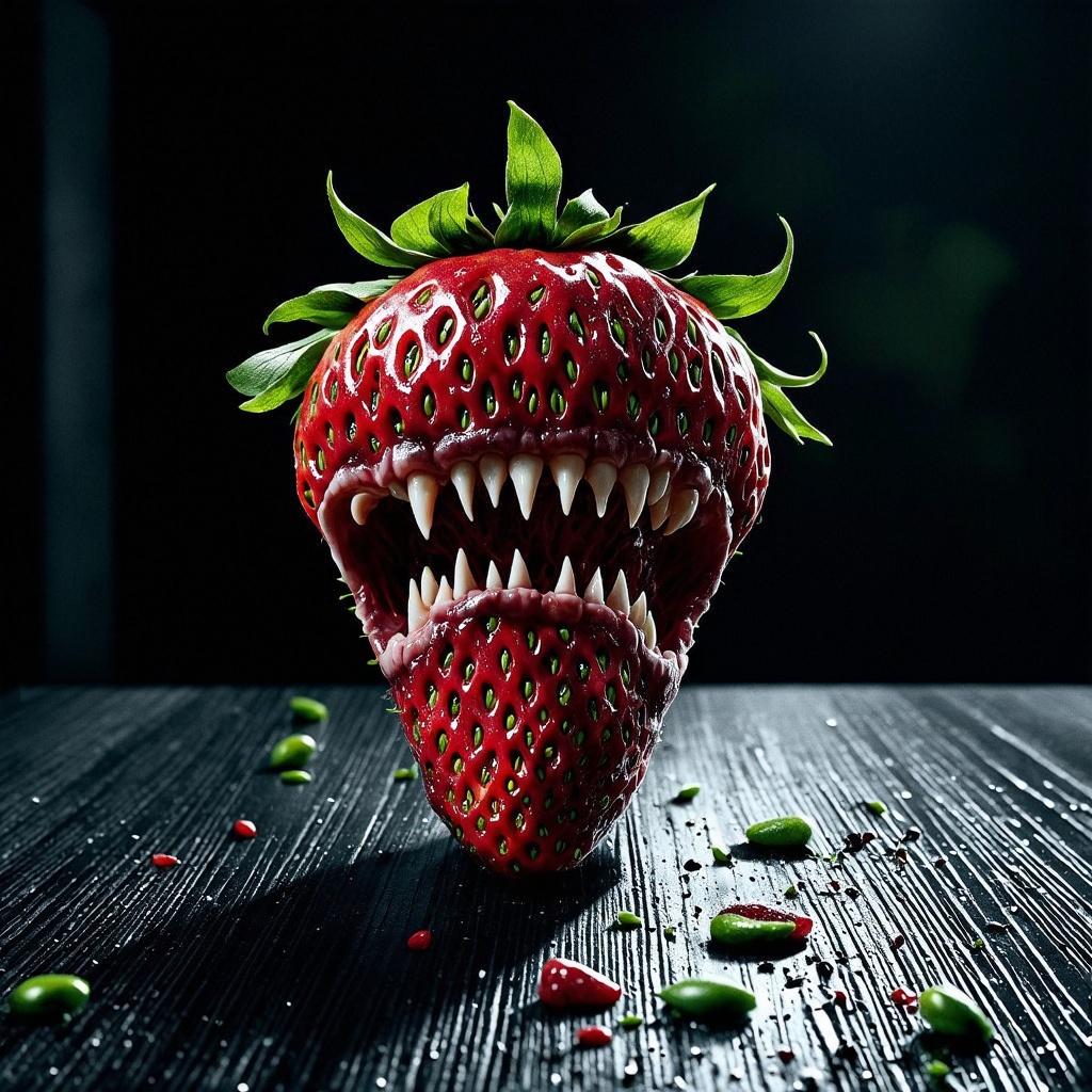 A high-quality hyperrealistic photograph of a Horrifying cinematic shot : (((monstrous mutant strawberry))) creature looms on ebony table . big sharpen teeth, Harsh chiaroscuro lighting accentuates its grotesque form . Dynamic angle captures writhing tendrils and pulsating flesh . Ultra-high resolution reveals every unsettling detail : glistening seeds , throbbing veins , and oozing juices . Color palette contrasts deep blacks with blood reds and sickly greens . Composition mimics vintage horror poster, with creature dominating frame. Eerie backlighting casts elongated shadows , amplifying the nightmarish atmosphere. ,More Detail, hyperrealistic,