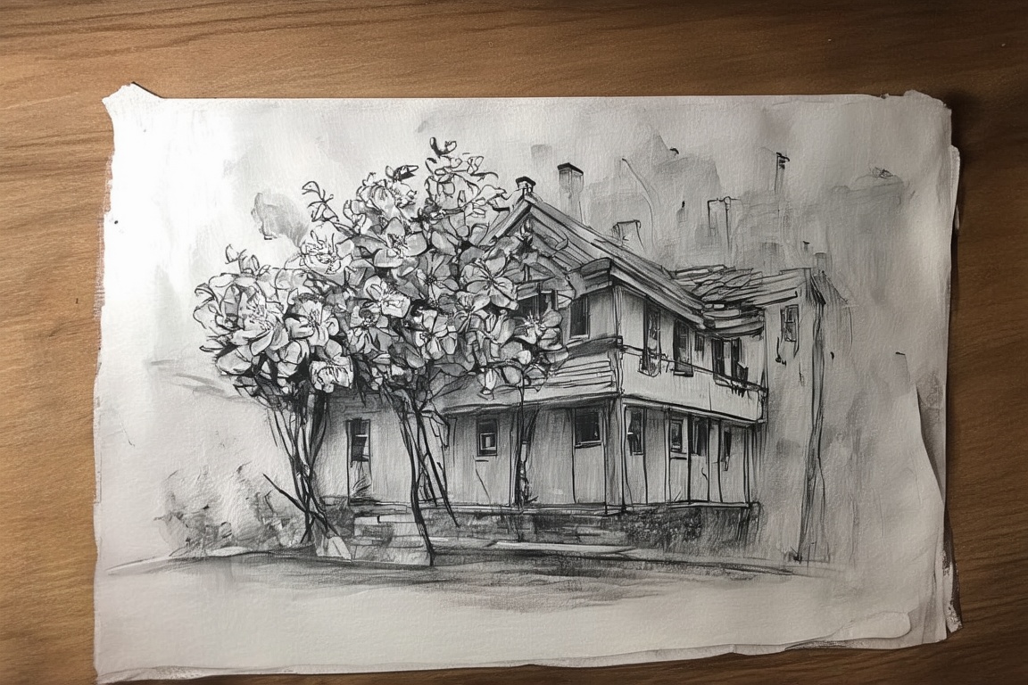 house,  flowers,  charcoal art on Tensor.Art