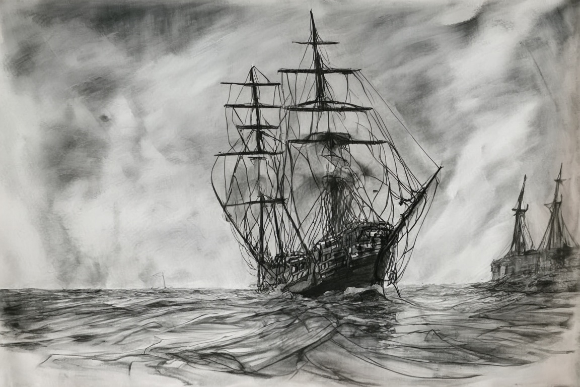 medieval ship,  ocean,  charcoal art on Tensor.Art