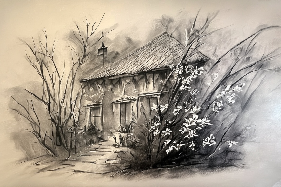 house,  flowers,  charcoal art on Tensor.Art
