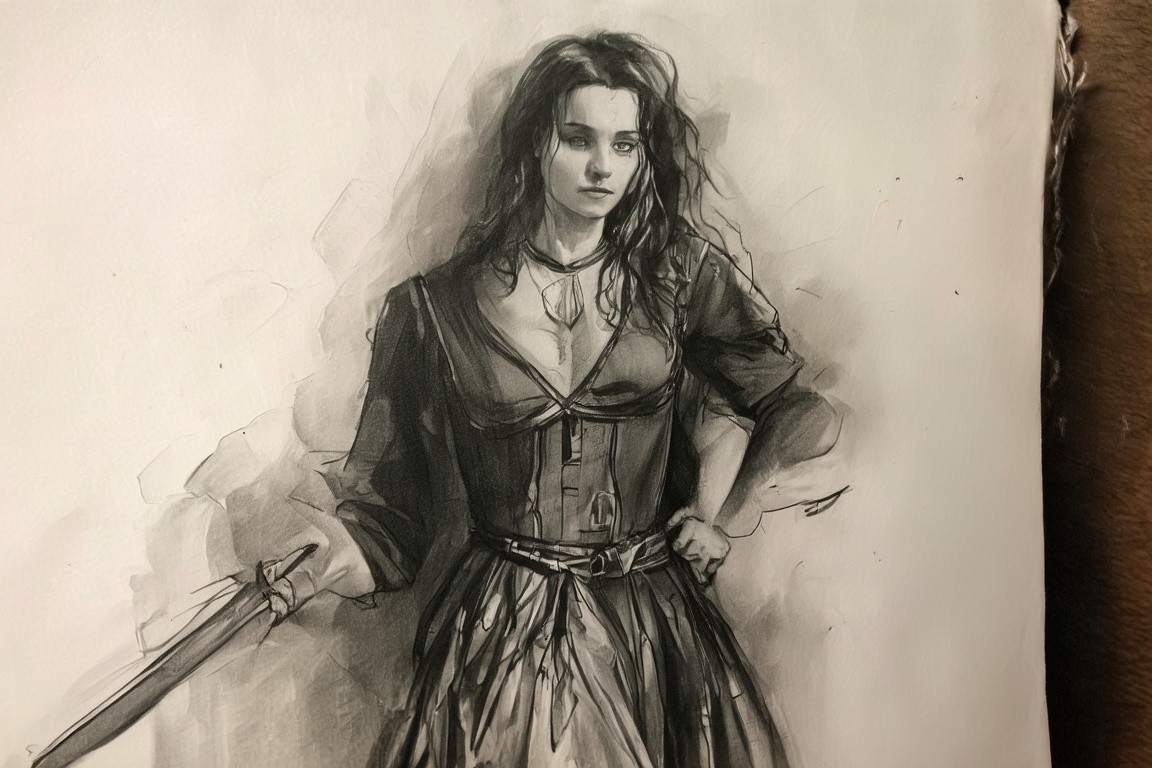 medieval woman,  long outfit,  charcoal art on Tensor.Art