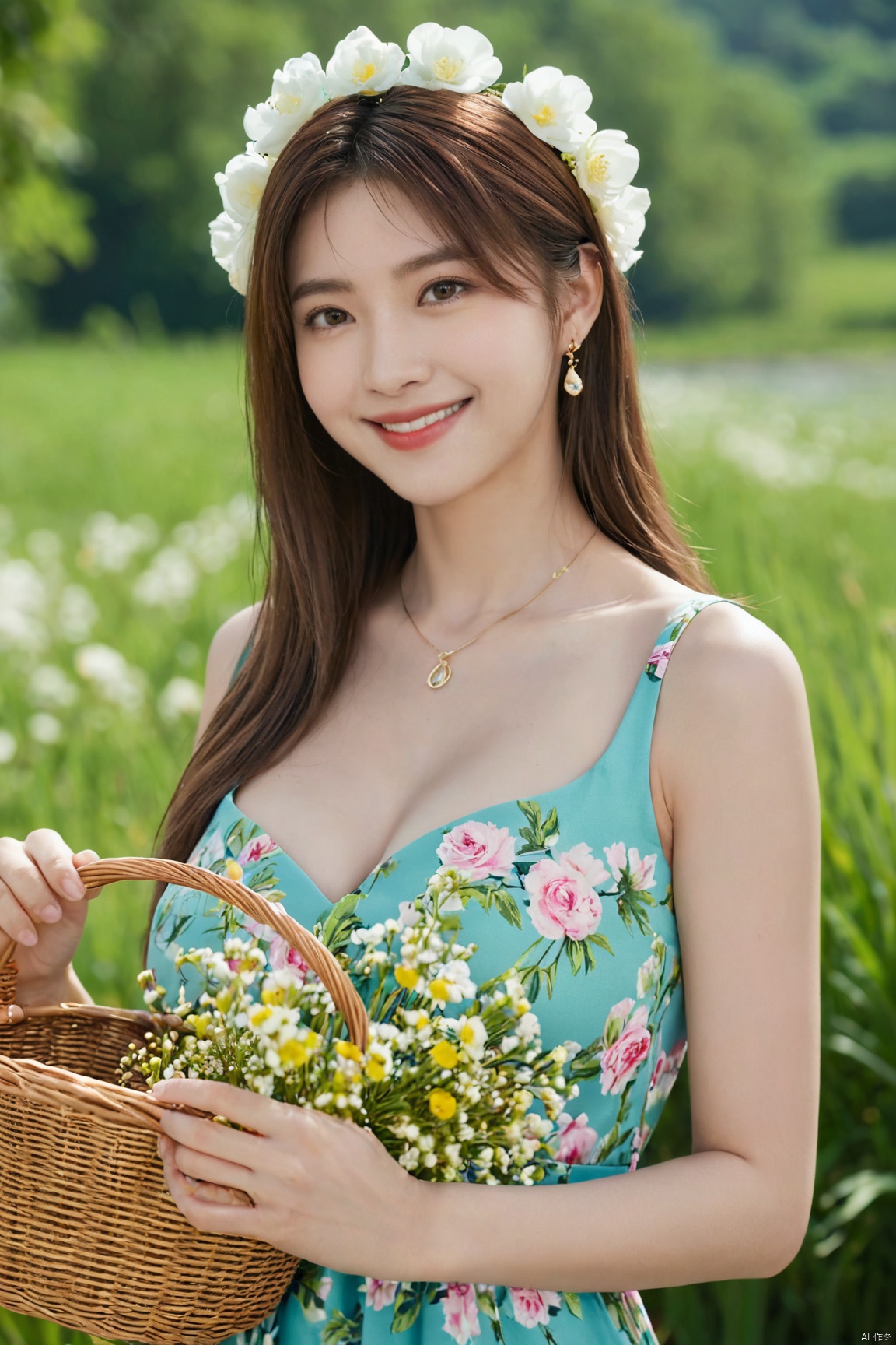  best quality, masterpiece, realistic, ,(Good structure), DSLR Quality,Depth of field,kind smile,looking_at_viewer,Dynamic pose, 
1girl, solo, long hair, , looking at viewer, , , bangs, brown hair, , dress, holding, , bare shoulders, brown eyes, jewelry, standing, collarbone, flower, earrings, outdoors, sky, sleeveless, day, cloud, hand up, necklace, blue sky,, petals, sleeveless dress, floral print, pink flower, green dress,, hand on headwear, basket, sundress, yellow dress, print dress, holding basket,,Xtifa,(big breasts:1.79),