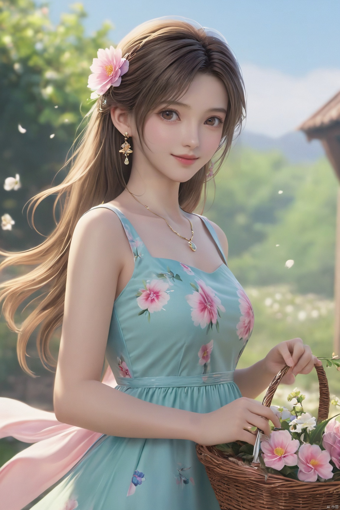  best quality, masterpiece, realistic, ,(Good structure), DSLR Quality,Depth of field,kind smile,looking_at_viewer,Dynamic pose, 
1girl, solo, long hair, , looking at viewer, , , bangs, brown hair, , dress, holding, , bare shoulders, brown eyes, jewelry, standing, collarbone, flower, earrings, outdoors, sky, sleeveless, day, cloud, hand up, necklace, blue sky,, petals, sleeveless dress, floral print, pink flower, green dress,, hand on headwear, basket, sundress, yellow dress, print dress, holding basket,,Xtifa,(big breasts:1.59),