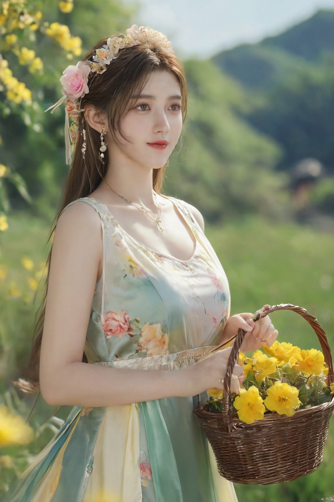  best quality, masterpiece, realistic, ,(Good structure), DSLR Quality,Depth of field,kind smile,looking_at_viewer,Dynamic pose, 
1girl, solo, long hair, , looking at viewer, , , bangs, brown hair, , dress, holding, , bare shoulders, brown eyes, jewelry, standing, collarbone, flower, earrings, outdoors, sky, sleeveless, day, cloud, hand up, necklace, blue sky,, petals, sleeveless dress, floral print, pink flower, green dress,, hand on headwear, basket, sundress, yellow dress, print dress, holding basket,,Xtifa,(big breasts:1.59),