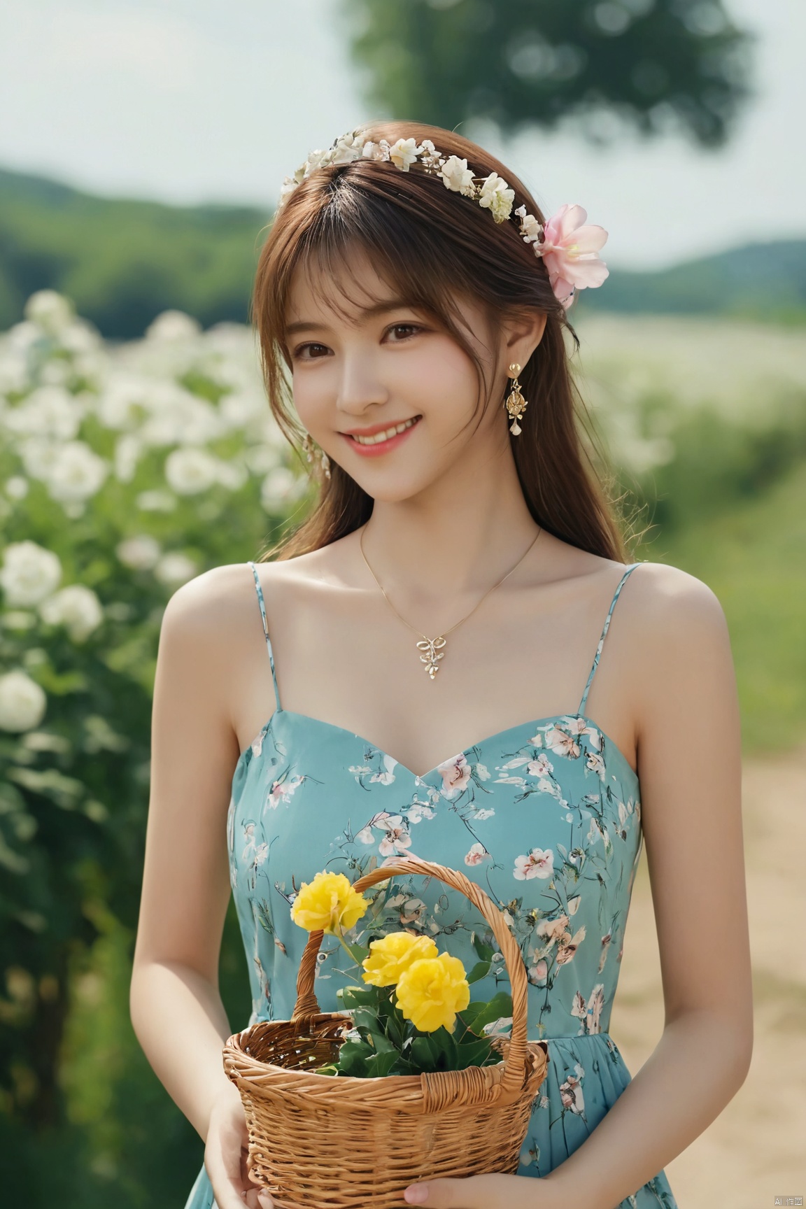  best quality, masterpiece, realistic, ,(Good structure), DSLR Quality,Depth of field,kind smile,looking_at_viewer,Dynamic pose, 
1girl, solo, long hair, , looking at viewer, , , bangs, brown hair, , dress, holding, , bare shoulders, brown eyes, jewelry, standing, collarbone, flower, earrings, outdoors, sky, sleeveless, day, cloud, hand up, necklace, blue sky,, petals, sleeveless dress, floral print, pink flower, green dress,, hand on headwear, basket, sundress, yellow dress, print dress, holding basket,,Xtifa,(big breasts:1.59),