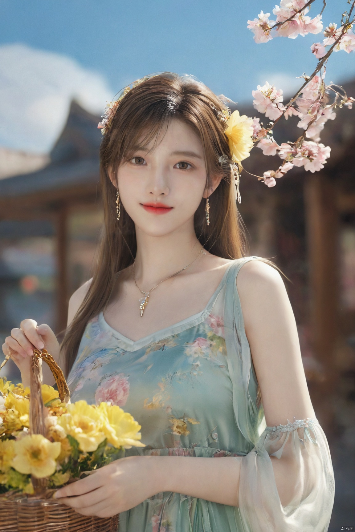  best quality, masterpiece, realistic, ,(Good structure), DSLR Quality,Depth of field,kind smile,looking_at_viewer,Dynamic pose, 
1girl, solo, long hair, , looking at viewer, , , bangs, brown hair, , dress, holding, , bare shoulders, brown eyes, jewelry, standing, collarbone, flower, earrings, outdoors, sky, sleeveless, day, cloud, hand up, necklace, blue sky,, petals, sleeveless dress, floral print, pink flower, green dress,, hand on headwear, basket, sundress, yellow dress, print dress, holding basket,,Xtifa,(big breasts:1.59),