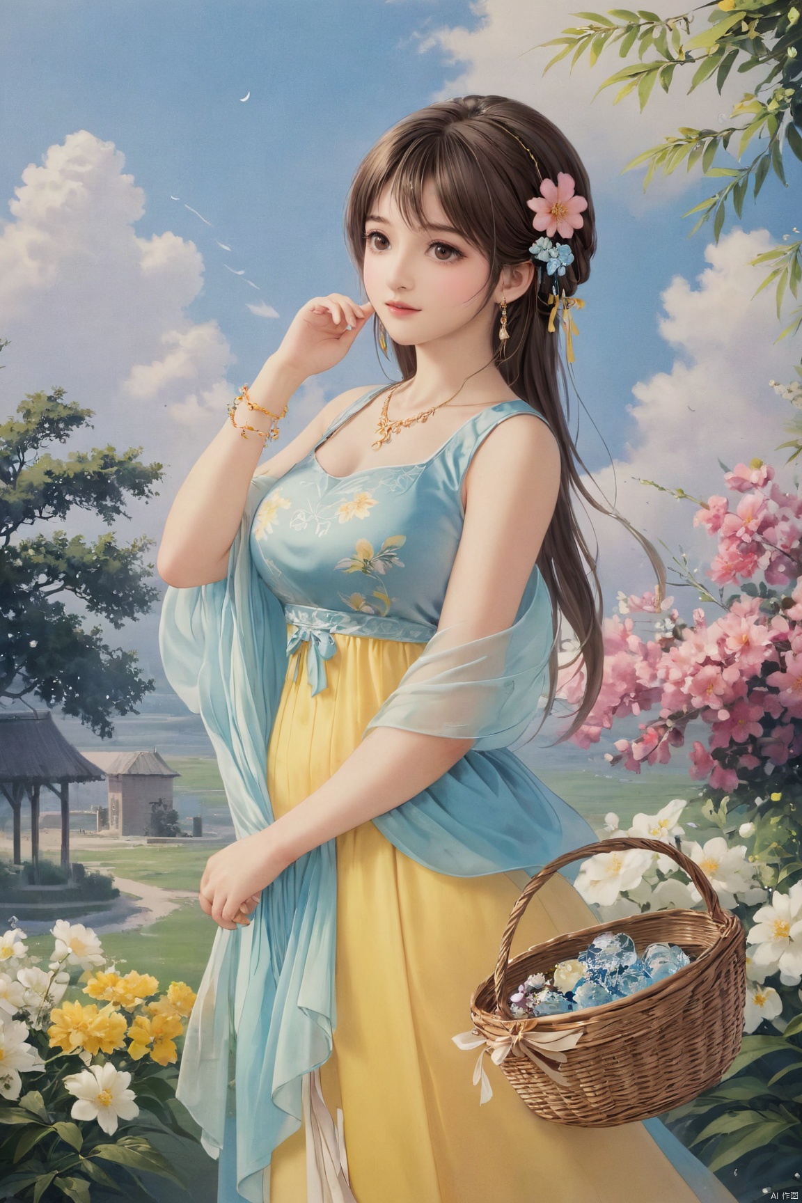  best quality, masterpiece, realistic, ,(Good structure), DSLR Quality,Depth of field,kind smile,looking_at_viewer,Dynamic pose, 
1girl, solo, long hair, , looking at viewer, , , bangs, brown hair, , dress, holding, , bare shoulders, brown eyes, jewelry, standing, collarbone, flower, earrings, outdoors, sky, sleeveless, day, cloud, hand up, necklace, blue sky,, petals, sleeveless dress, floral print, pink flower, green dress,, hand on headwear, basket, sundress, yellow dress, print dress, holding basket,,Xtifa,(big breasts:1.59),