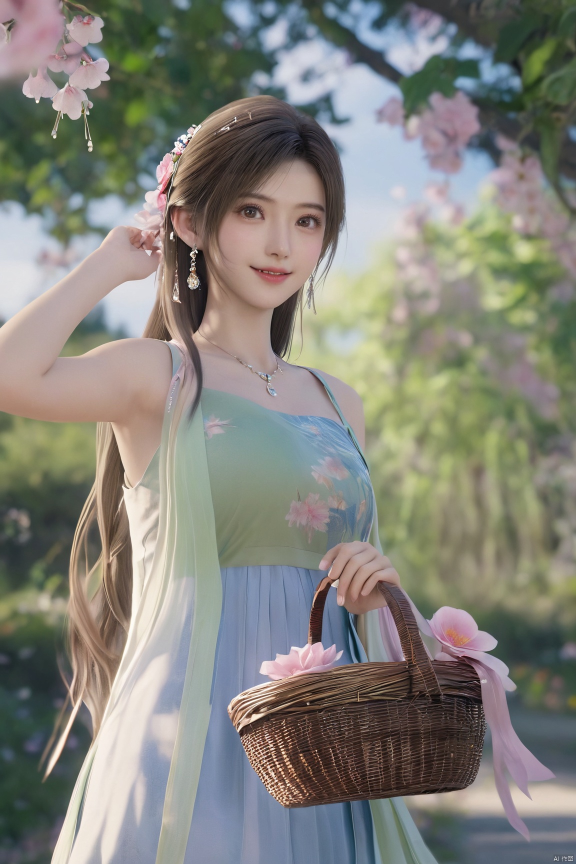  best quality, masterpiece, realistic, ,(Good structure), DSLR Quality,Depth of field,kind smile,looking_at_viewer,Dynamic pose, 
1girl, solo, long hair, , looking at viewer, , , bangs, brown hair, , dress, holding, , bare shoulders, brown eyes, jewelry, standing, collarbone, flower, earrings, outdoors, sky, sleeveless, day, cloud, hand up, necklace, blue sky,, petals, sleeveless dress, floral print, pink flower, green dress,, hand on headwear, basket, sundress, yellow dress, print dress, holding basket,,Xtifa,(big breasts:1.59),