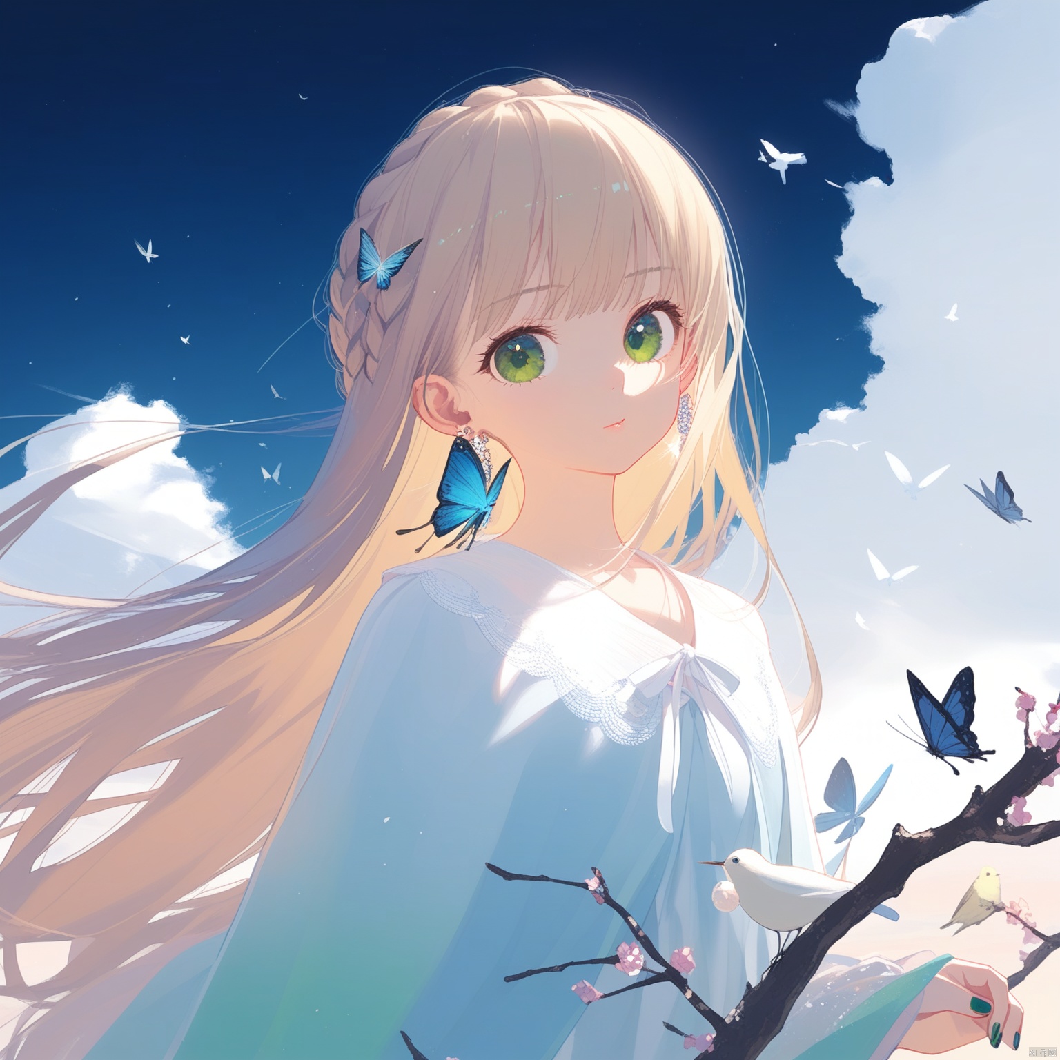 1girl, bird, long_hair, solo, butterfly, bug, sky, earrings, looking_at_viewer, nail_polish, braid, blue_butterfly, jewelry, cloud, outdoors, dress, branch, green_eyes, upper_body