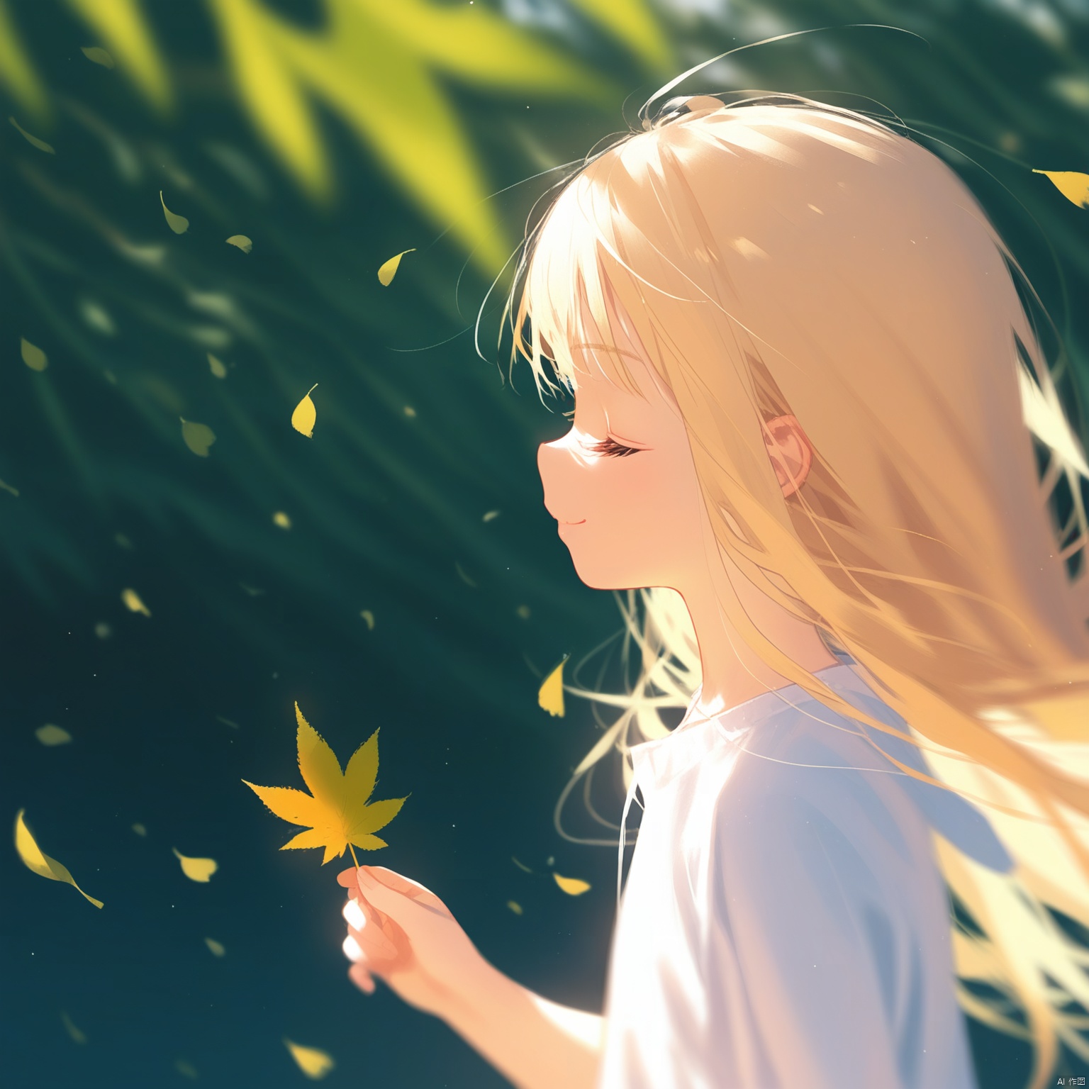 solo, 1girl, leaf, long hair, closed eyes, holding, smile, blurry, blonde hair, upper body, from side, closed mouth, shirt, profile, white shirt, falling leaves, short sleeves, depth of field, blurry background, outdoors, holding leaf

