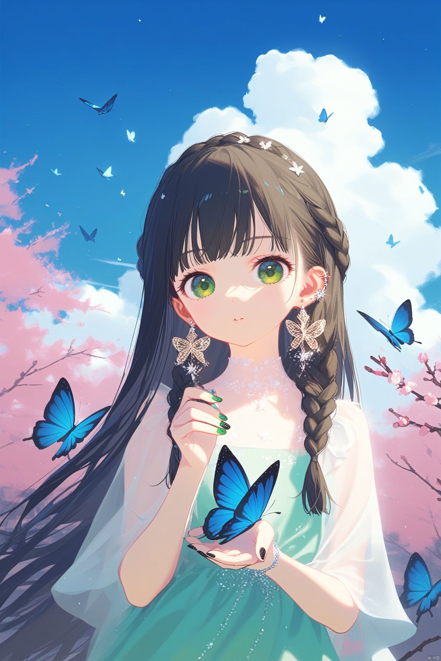 1girl, bird, long_hair, solo, butterfly, bug, sky, earrings, looking_at_viewer, nail_polish, braid, blue_butterfly, jewelry, cloud, outdoors, dress, branch, green_eyes, upper_body