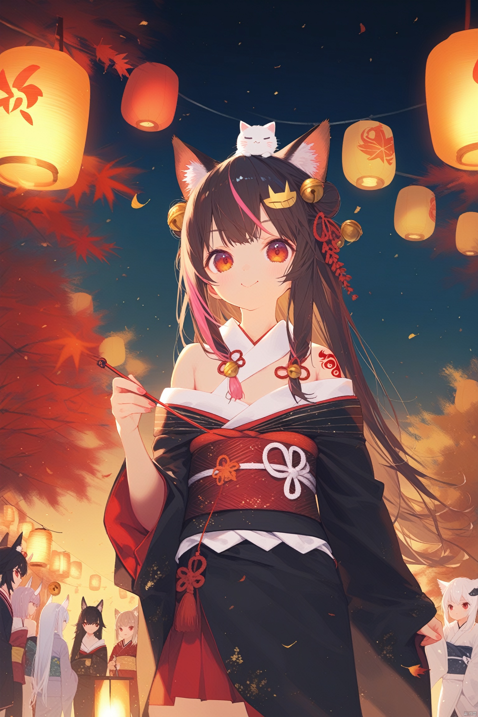nakiri_ayame, multiple_girls, mask_on_head, virtual_youtuber, ookami_mio, nakiri_ayame_\(1st_costume\), mask, horns, oni_mask, 6+girls, japanese_clothes, outdoors, shirakami_fubuki, red_eyes, night, kimono, lantern, long_hair, oozora_subaru, hair_bell, white_hair, bell, animal_ears, looking_at_viewer, streaked_hair, inugami_korone, red_hair, nekomata_okayu, hair_bun, sky, double_bun, tattoo, black_hair, night_sky, uruha_rushia, off_shoulder, hair_ornament, oni, fox_ears, usada_pekora, autumn_leaves, paper_lantern, brown_hair, sash, obi, minato_aqua, holding, multicolored_hair, back_tattoo, leaf, natsuiro_matsuri, jingle_bell
