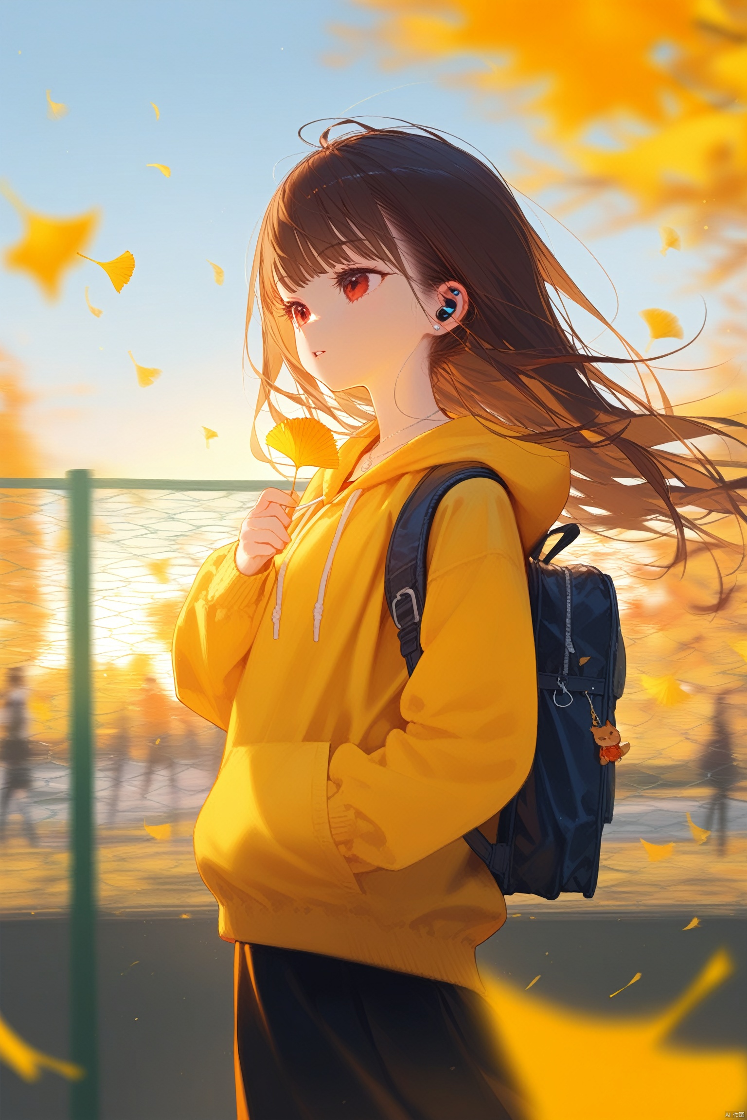 1girl, solo, best quality, orange theme, blurry background, falling leaves, holding leaf, parted lips, red eyes, long hair, brown hair, bangs, shirt, yellow hoodie, hood down, long sleeves, shoulder bag, backpack, necklace, school bag, outdoors, earbuds, fence, hand in pocket, tree, autumn leaves, drawstring, blurry foreground, depth of field, sunset, ginkgo leaf, orange sky, maple leaf, motion blur, fire