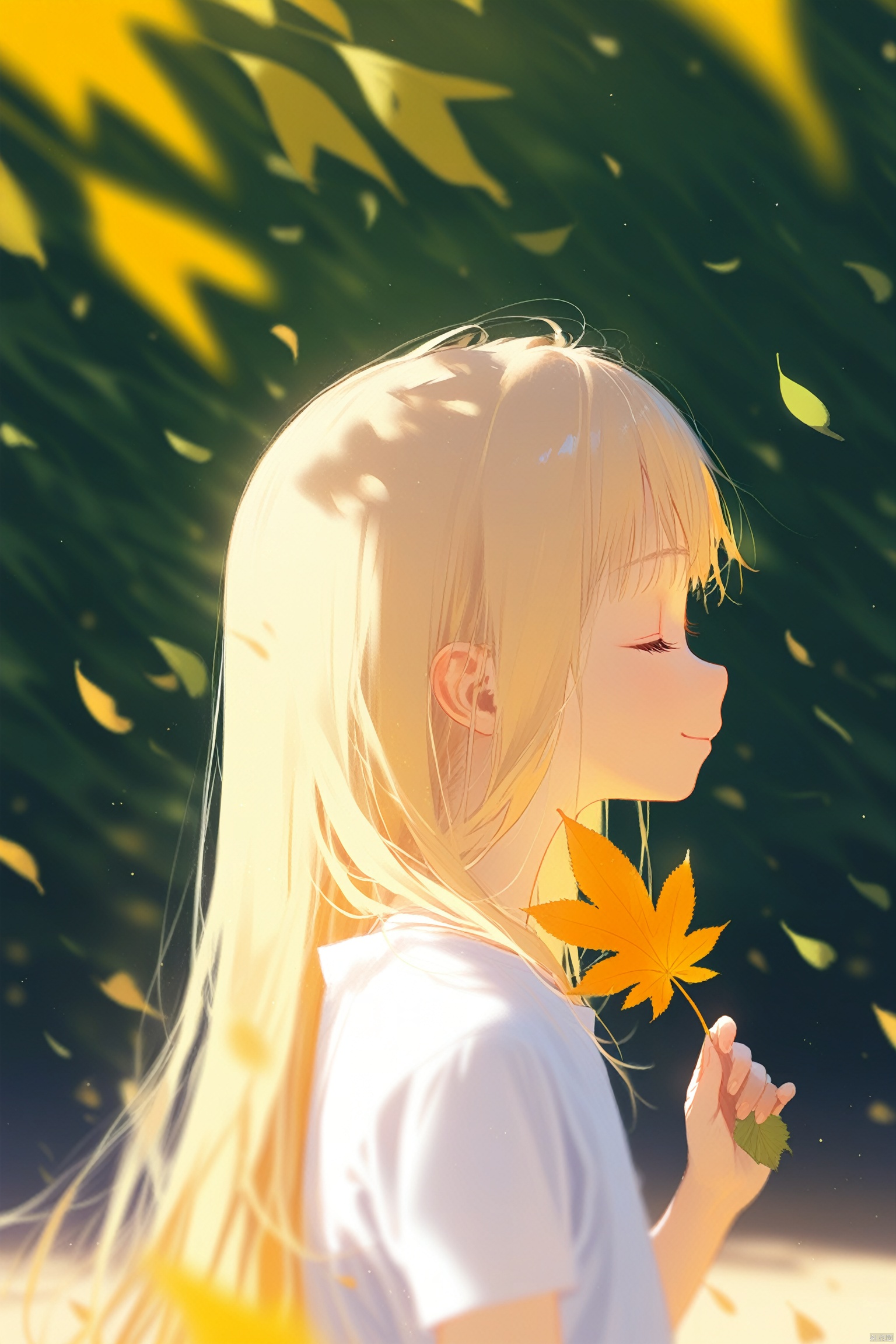 solo, 1girl, leaf, long hair, closed eyes, holding, smile, blurry, blonde hair, upper body, from side, closed mouth, shirt, profile, white shirt, falling leaves, short sleeves, depth of field, blurry background, outdoors, holding leaf

