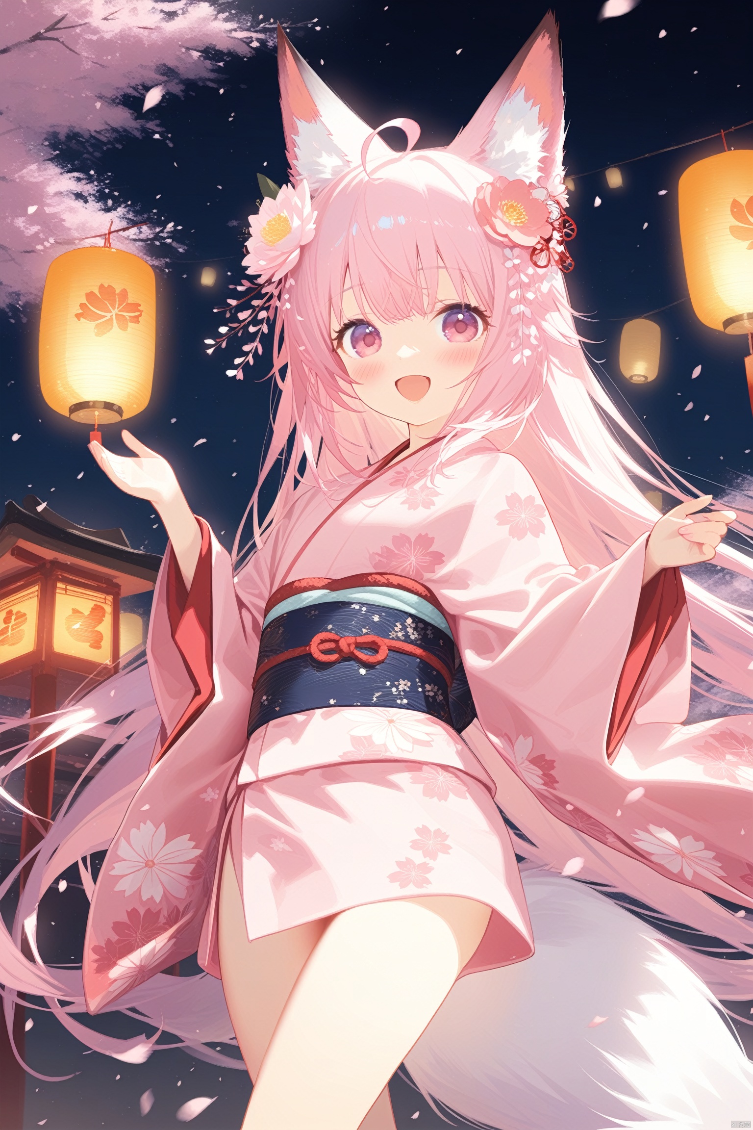 1girl, solo, lantern, kimono, animal ears, japanese clothes, flower, long hair, tail, looking at viewer, hair ornament, smile, hair flower, pink kimono, petals, pink eyes, fox tail, ahoge, fox ears, open mouth, animal ear fluff, :d, long sleeves, cherry blossoms, fox girl, blush, night, floral print, very long hair, wide sleeves

