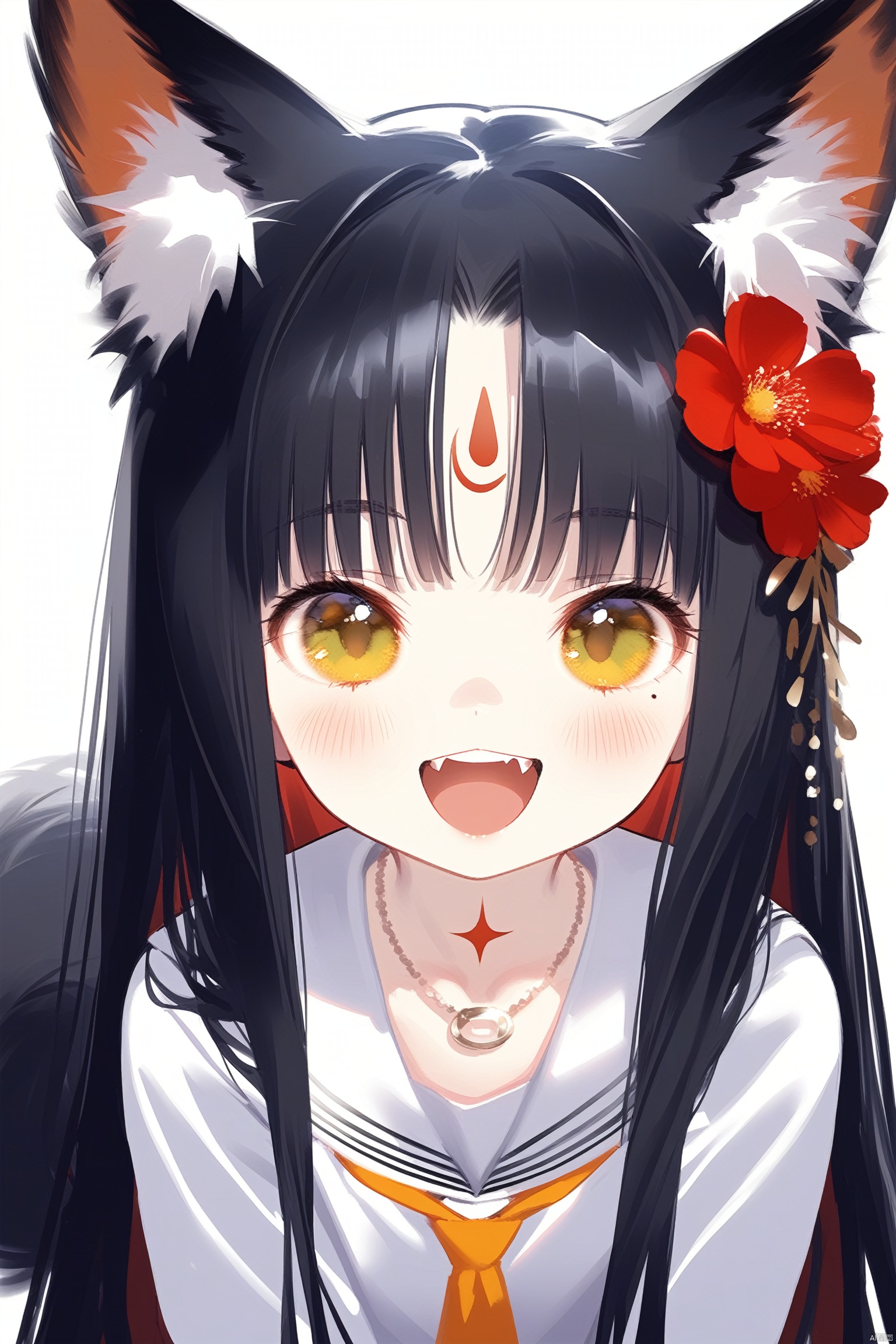 1girl, solo, hair flower, hair ornament, black hair, animal ears, flower, forehead mark, long hair, facial mark, smile, looking at viewer, tail, open mouth, yellow eyes, white background, blush, white sailor collar, simple background, red flower, teeth, :d, upper body, mole, parted bangs, fangs, animal ear fluff, mole under eye, dog ears, jewelry, necklace, sailor collar
