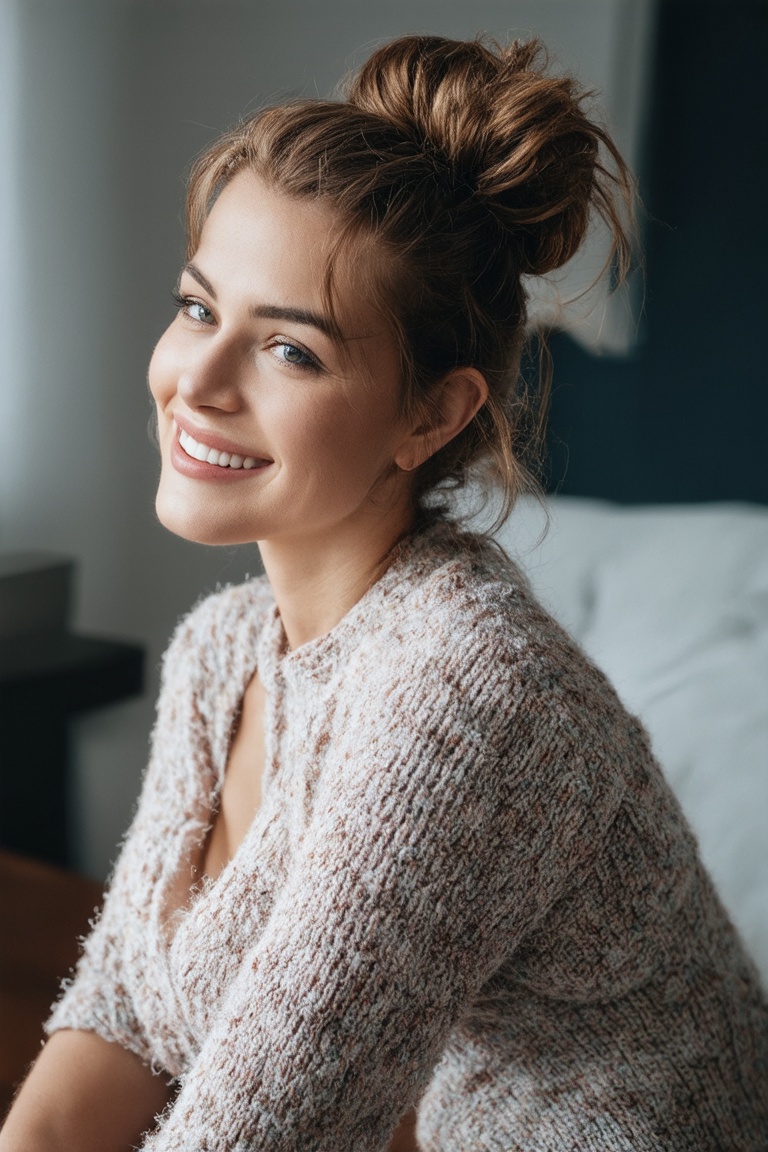 photo of a busty smiling woman with brown messy hairbun,  looking shy from the side towards the camera,  sitting in a cozy...