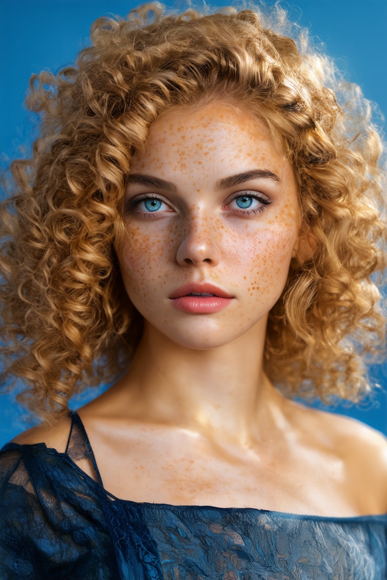 a photo portrait of a beautiful girl with curls and lots of freckles,  (dirty blonde hair),  (detailed blue eyes) on Tenso...