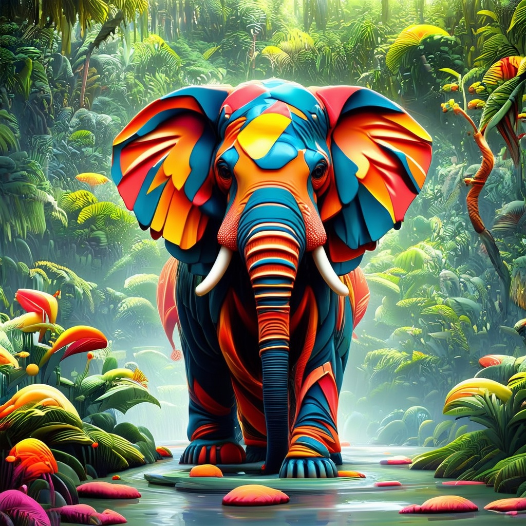 AAsp3ctr4m0rph1qu3 style 3d abstract elephant, vibrant, high-resolution colours, (two-tone colour rainforest background), humid atmosphere