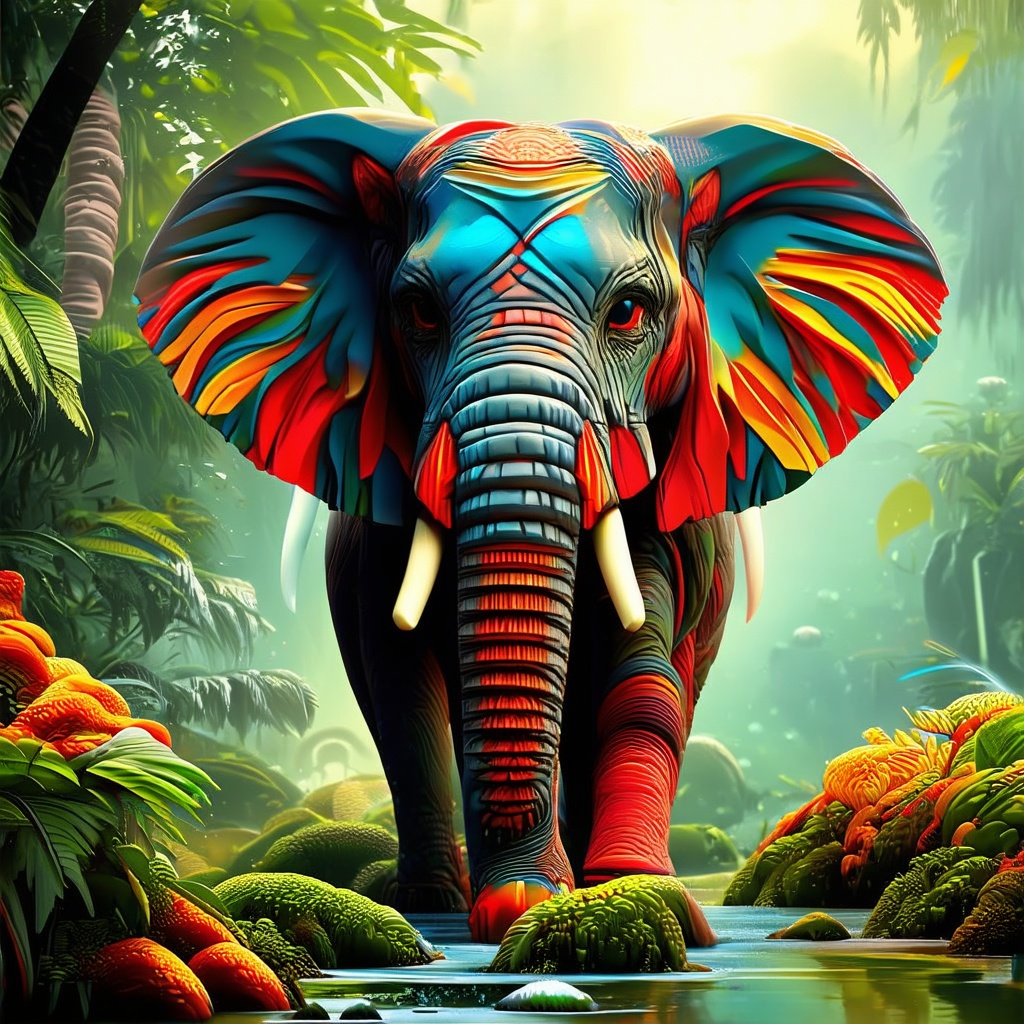 AAsp3ctr4m0rph1qu3 style 3d abstract elephant, vibrant, high-resolution colours, (two-tone colour rainforest background), humid atmosphere