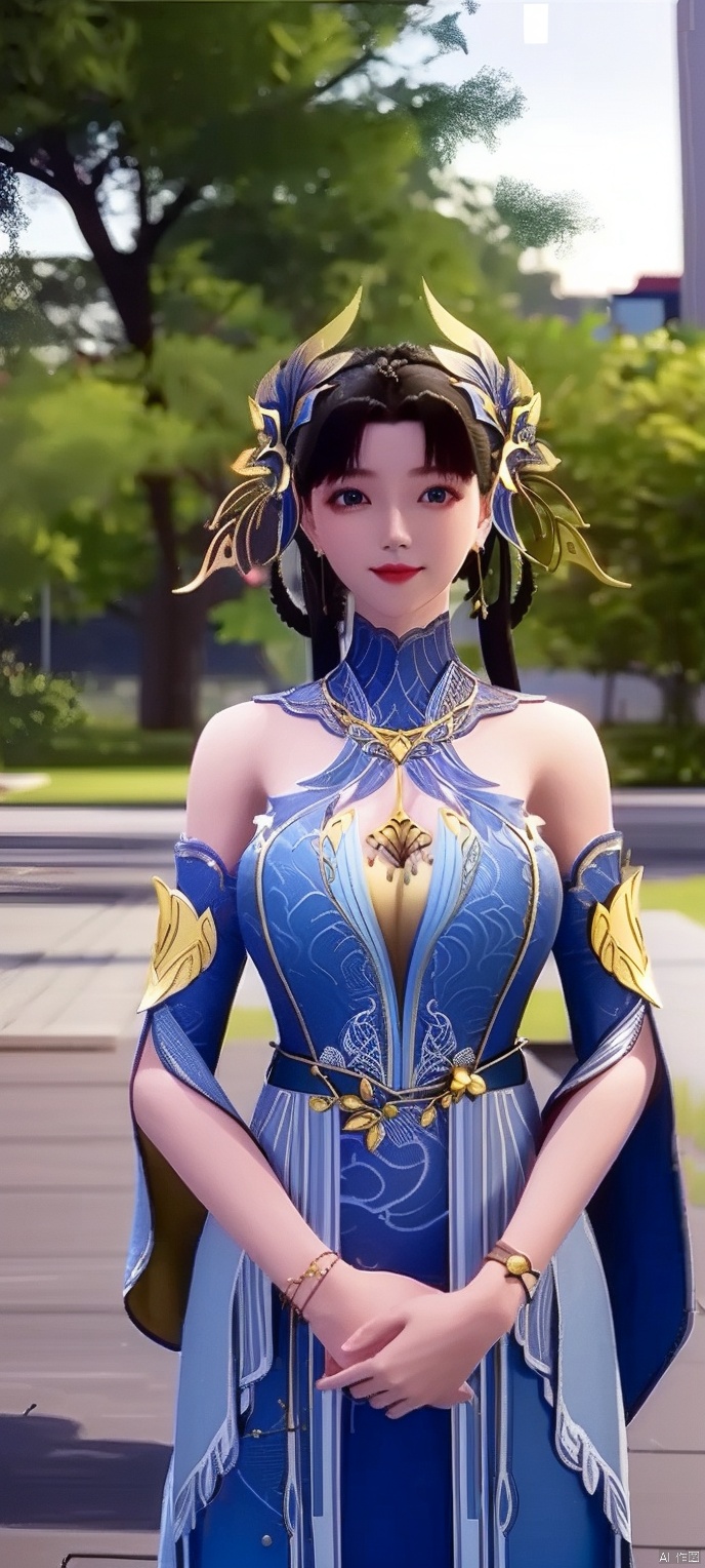 qinger, 1girl, dress, blue dress, solo, hair ornament, jewelry, smile, black hair, looking at viewer, bare shoulders, (highly detailed),masterpiece,best quality
