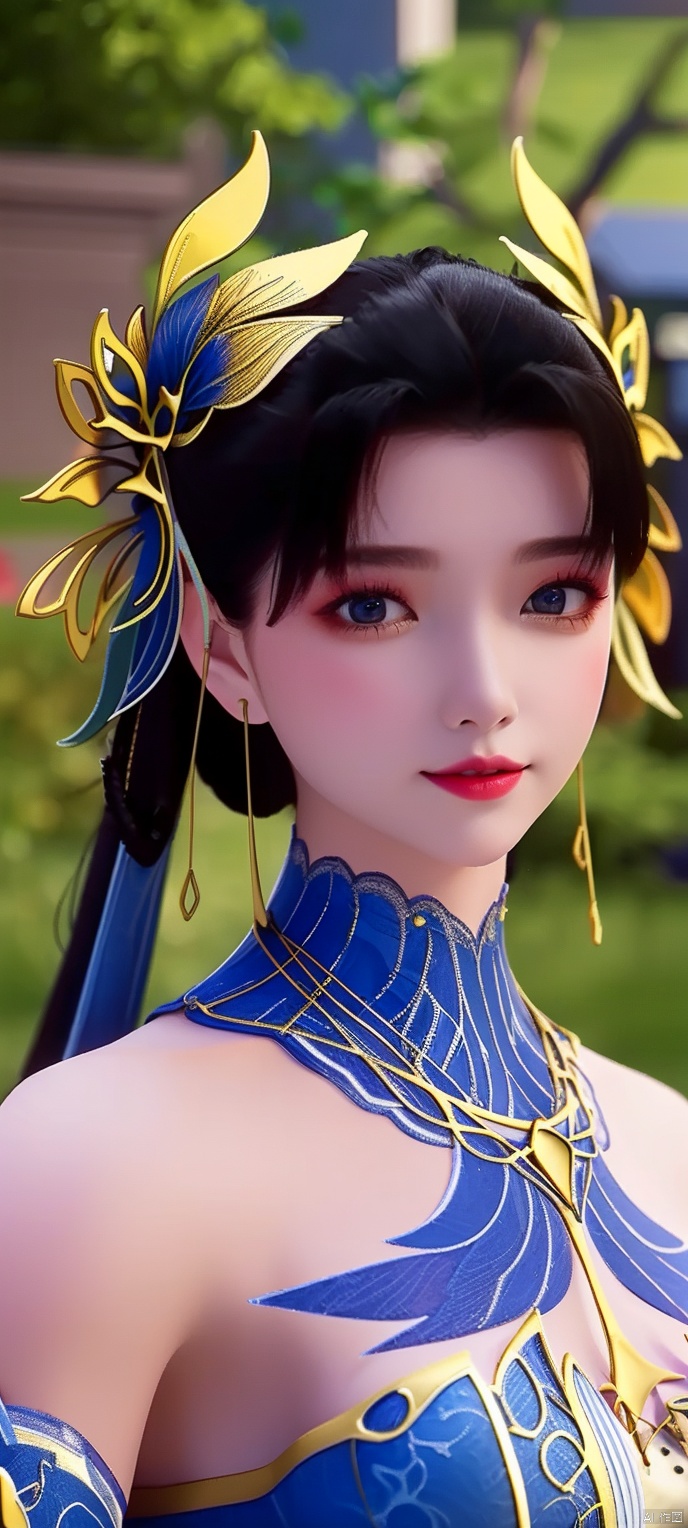 3D,masterpiece,(best quality),(makeup),official art, extremely detailed cg 8k wallpaper,((crystalstexture skin)), (extremely delicate and beautiful),(highly detailed),qinger, 1girl, dress, blue dress, solo, hair ornament, jewelry, smile, black hair, looking at viewer, bare shoulders