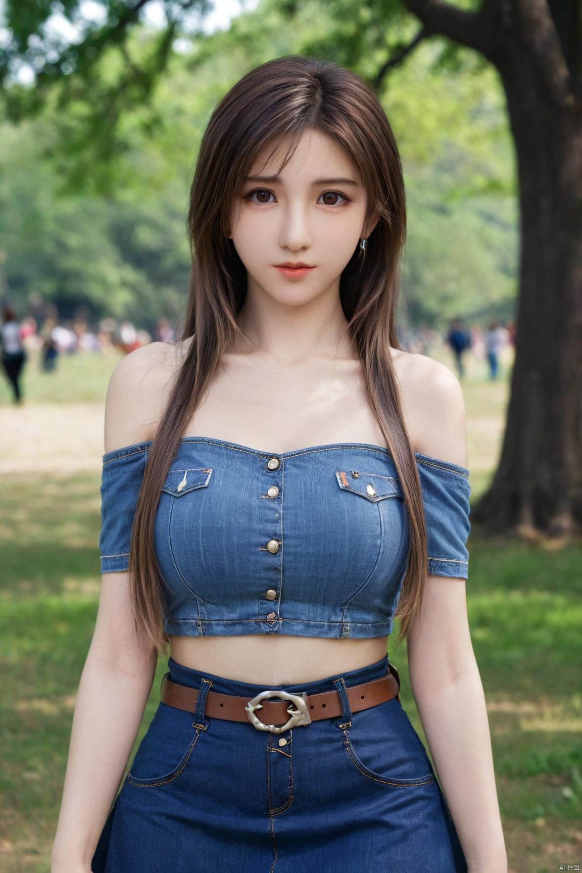  1girl, 3d, bare_shoulders, belt, blurry, blurry_background, blurry_foreground, branch, breasts, brown_eyes, brown_hair, collarbone, cosplay_photo, denim, denim_skirt, depth_of_field, hand_on_own_chest, lips, long_hair, looking_at_viewer, midriff, miniskirt, motion_blur, navel, outdoors, photo_\(medium\), realistic, skirt, solo, standing, tree,Xtifa,,(big breasts:1.79),
