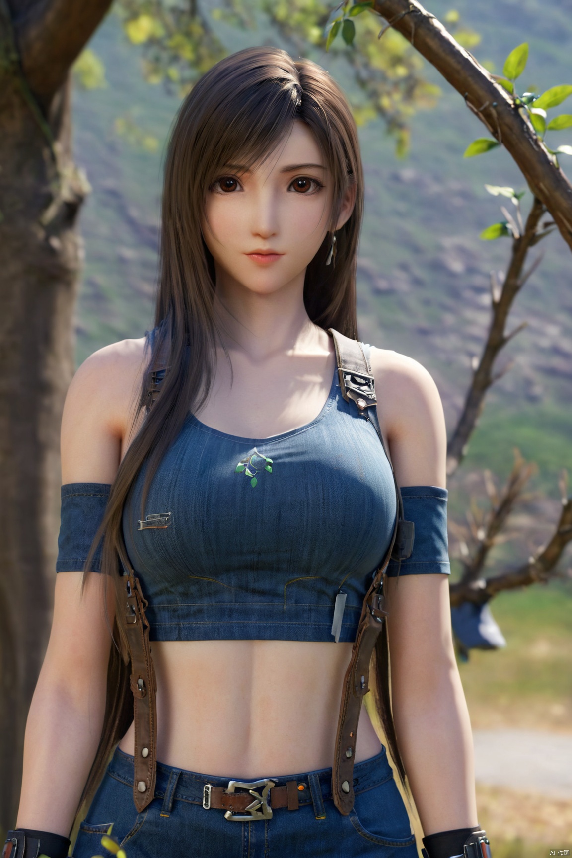  1girl, 3d, bare_shoulders, belt, blurry, blurry_background, blurry_foreground, branch, breasts, brown_eyes, brown_hair, collarbone, cosplay_photo, denim, denim_skirt, depth_of_field, hand_on_own_chest, lips, long_hair, looking_at_viewer, midriff, miniskirt, motion_blur, navel, outdoors, photo_\(medium\), realistic, skirt, solo, standing, tree,Xtifa,,(big breasts:1.59),