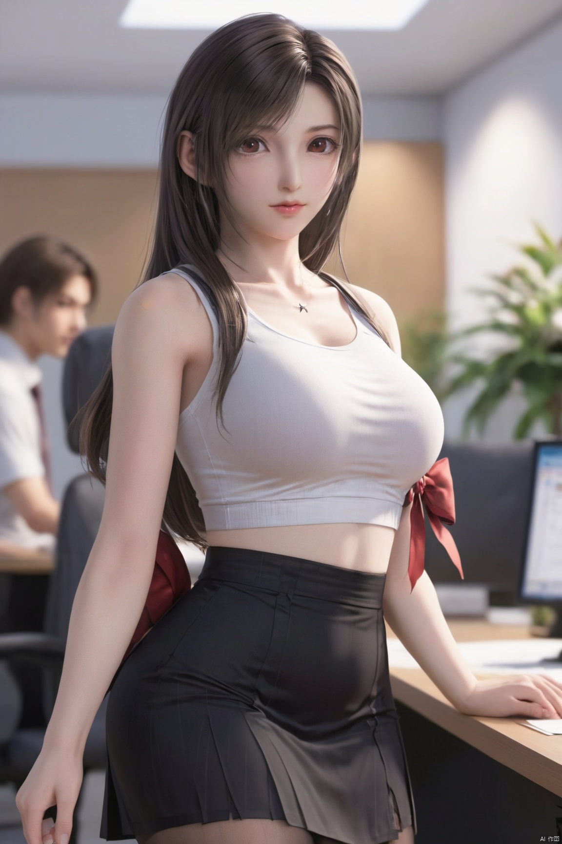 masterpiece,(best quality),official art,1girl, solo, skirt, brown hair, underwear, red eyes, shirt, sleeveless, bra visible through clothes,huge breasts, white shirt,bow,bent over,black pantyhose, looking at viewer, id card, sleeveless shirt, see-through, lips, high-waist skirt, office lady, indoors, striped, pencil skirt, blurry background, blurry,depth of field,Xtifa,(big breasts:1.79),full moon,(flower:1.5),