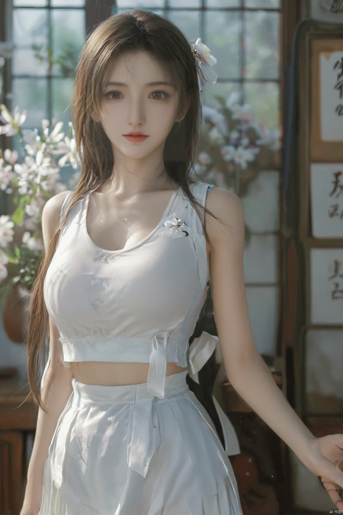 masterpiece,(best quality),official art,1girl, solo, skirt, brown hair, underwear, red eyes, shirt, sleeveless, bra visible through clothes,huge breasts, white shirt,bow,bent over,black pantyhose, looking at viewer, id card, sleeveless shirt, see-through, lips, high-waist skirt, office lady, indoors, striped, pencil skirt, blurry background, blurry,depth of field,Xtifa,(big breasts:1.79),full moon,(flower:1.5),