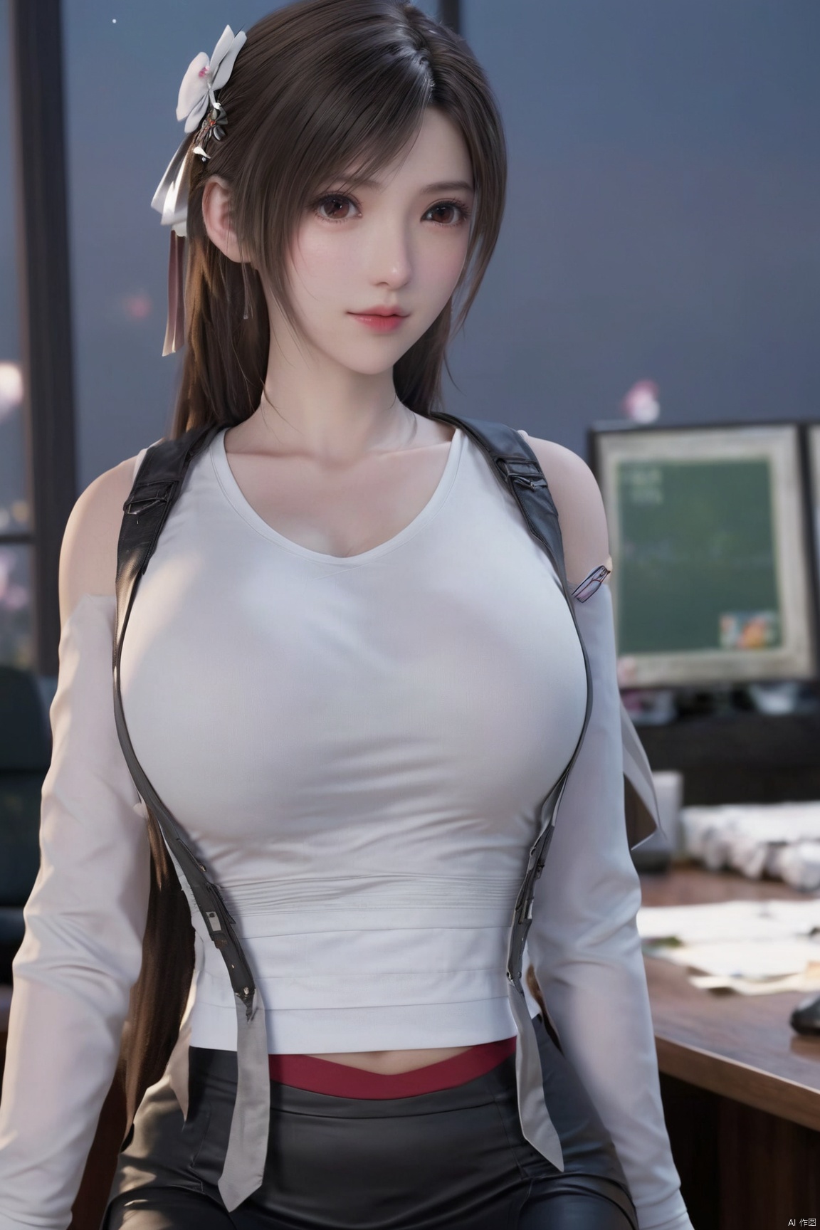masterpiece,(best quality),official art,1girl, solo, skirt, brown hair, underwear, red eyes, shirt, sleeveless, bra visible through clothes,huge breasts, white shirt,bow,bent over,black pantyhose, looking at viewer, id card, sleeveless shirt, see-through, lips, high-waist skirt, office lady, indoors, striped, pencil skirt, blurry background, blurry,depth of field,Xtifa,(big breasts:1.79),full moon,(flower:1.5),