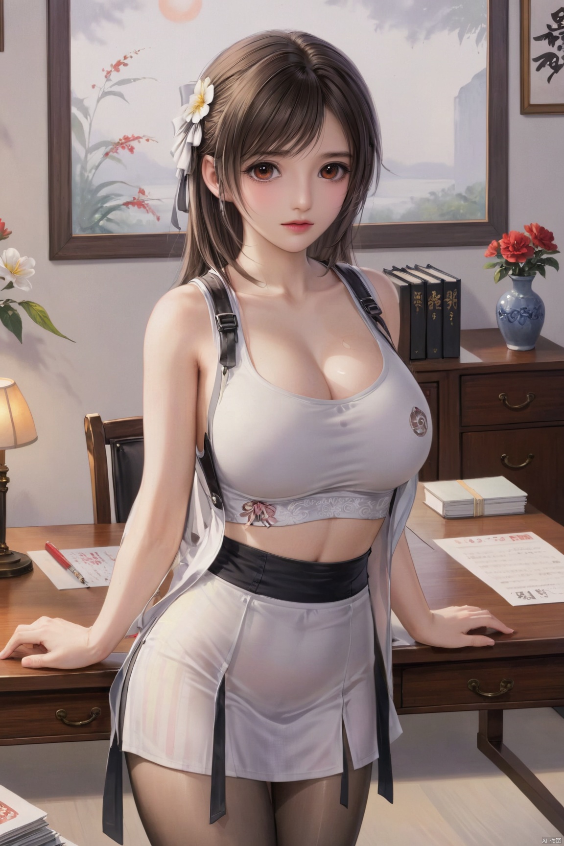 masterpiece,(best quality),official art,1girl, solo, skirt, brown hair, underwear, red eyes, shirt, sleeveless, bra visible through clothes,huge breasts, white shirt,bow,bent over,black pantyhose, looking at viewer, id card, sleeveless shirt, see-through, lips, high-waist skirt, office lady, indoors, striped, pencil skirt, blurry background, blurry,depth of field,Xtifa,(big breasts:1.79),full moon,(flower:1.5),